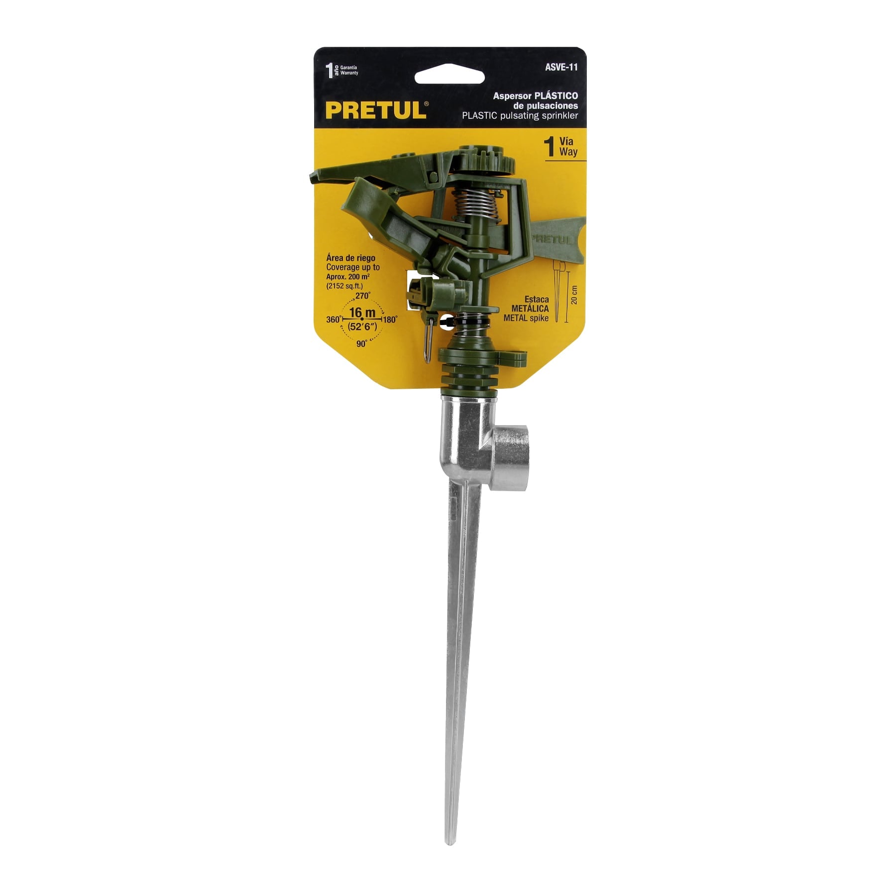 Aspersor plástico 11" una vía estaca metálica, verde, Pretul