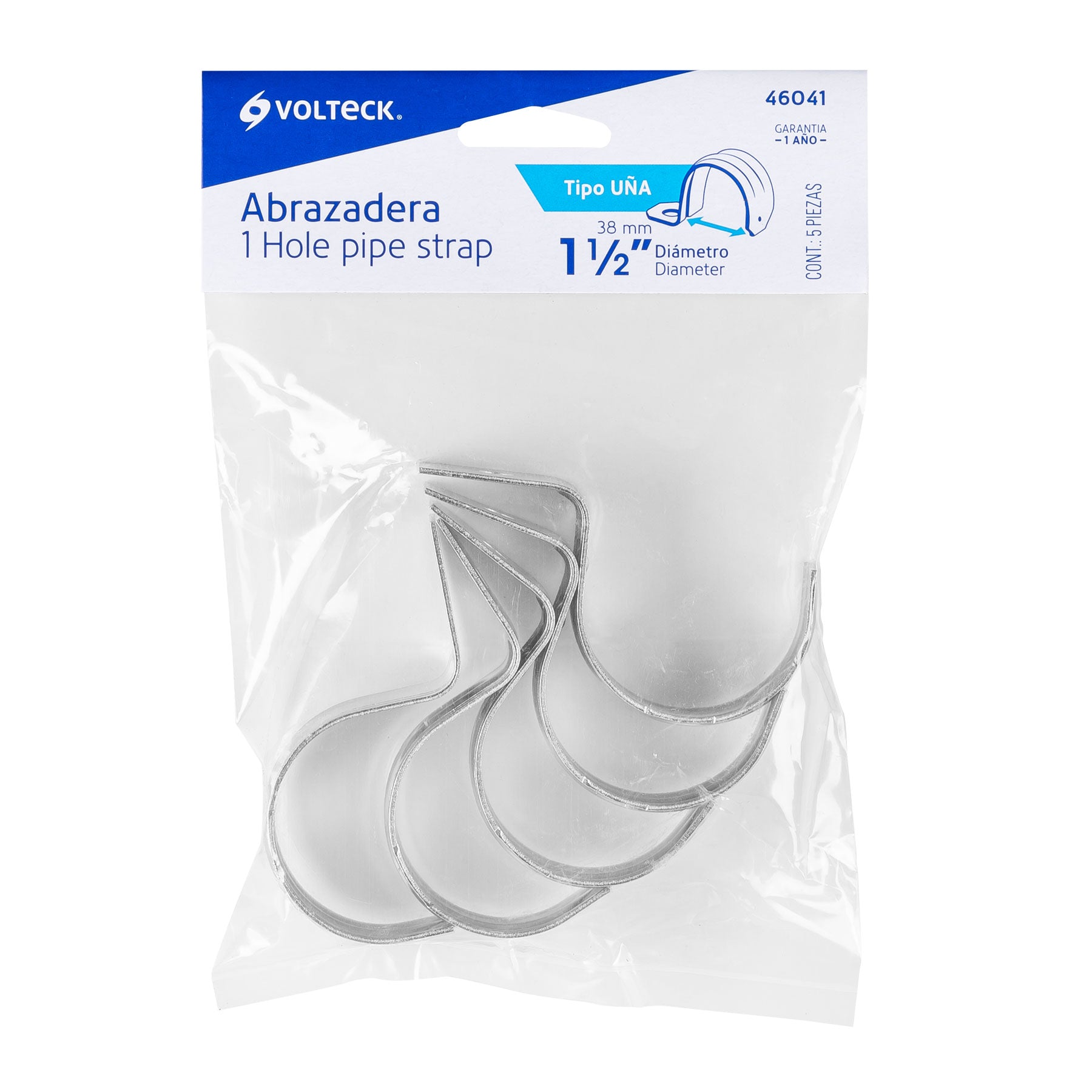 Bolsa con 5 abrazaderas 1-1/2" tipo uña para tubo, Volteck