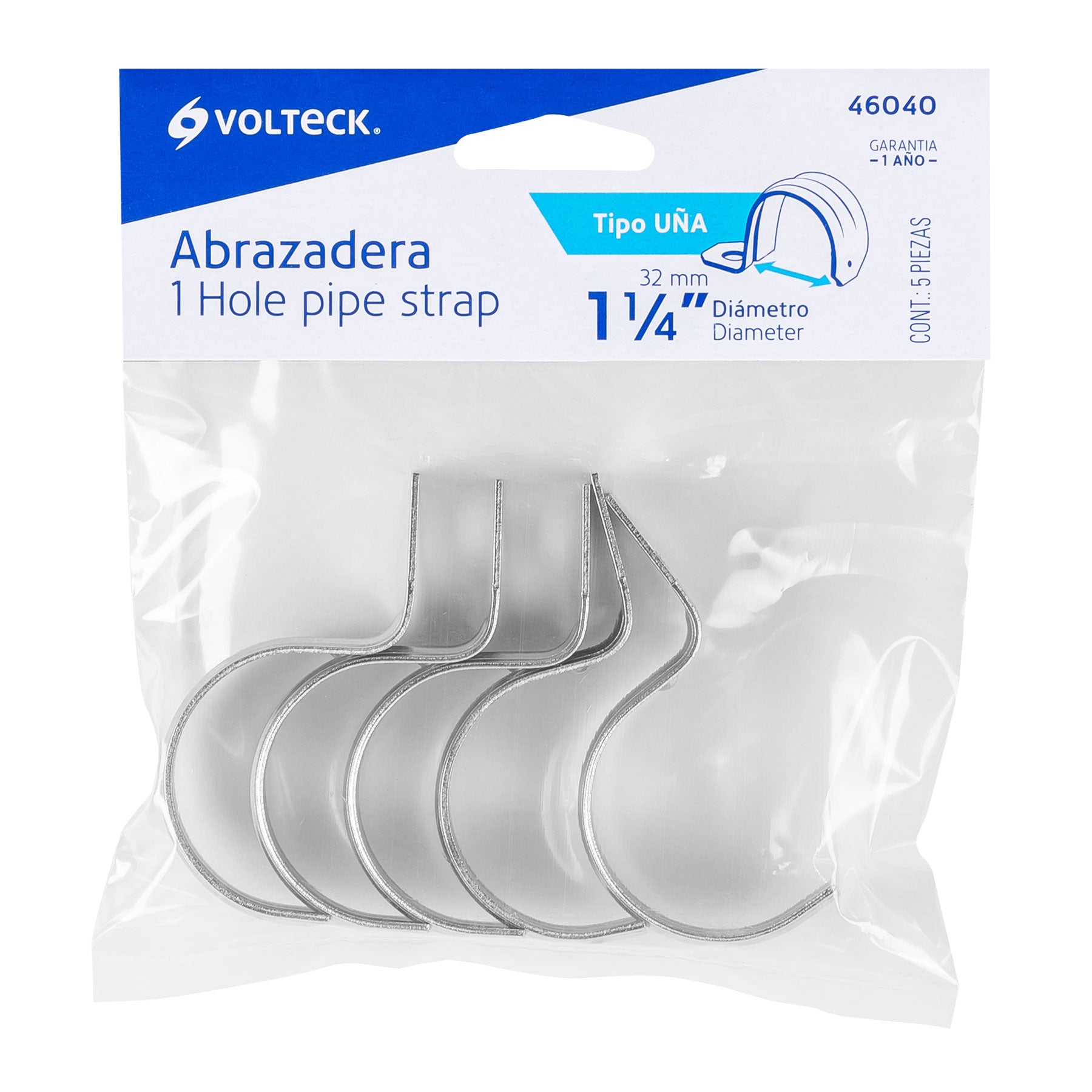 Bolsa con 5 abrazaderas 1-1/4" tipo uña para tubo, Volteck