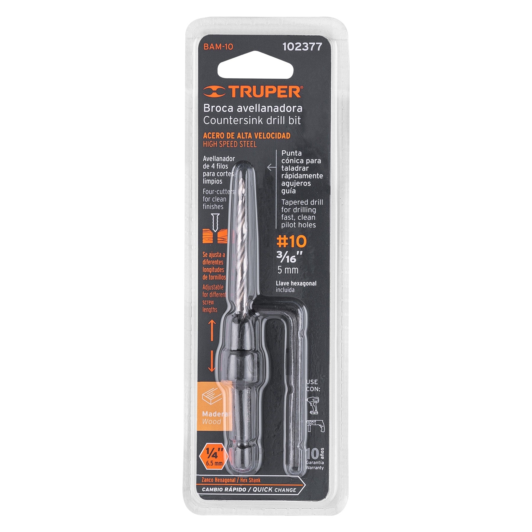Broca avellanadora #10 para madera, 3/16", Truper