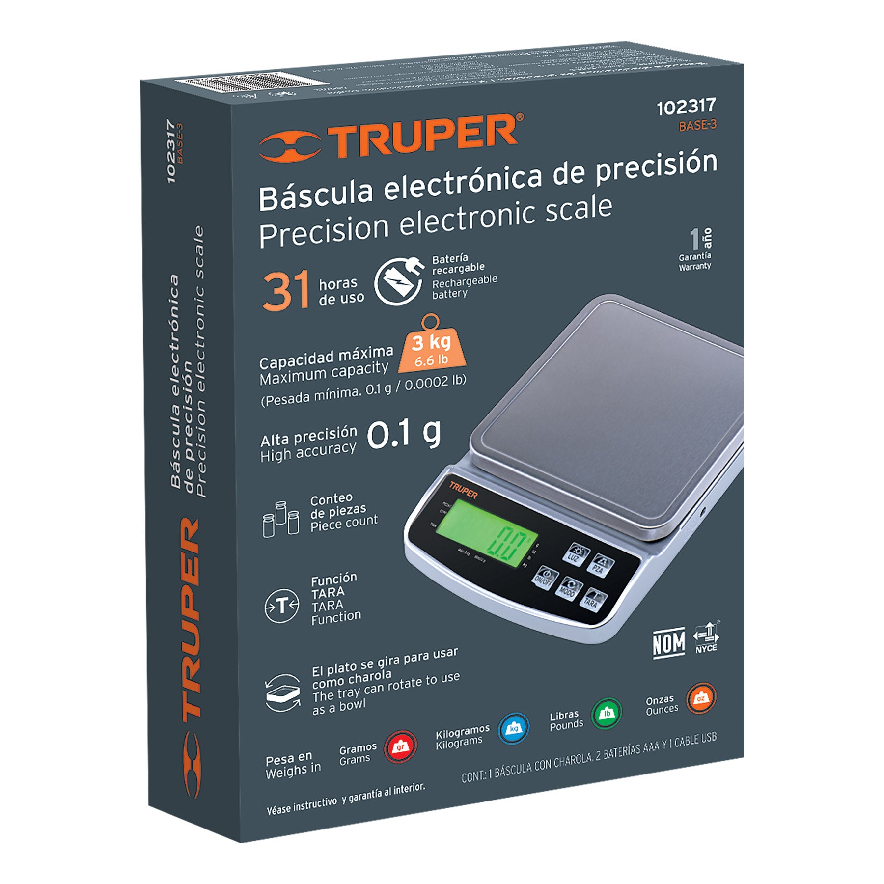 Báscula electrónica de precisión, recargable, 3 kg, Truper
