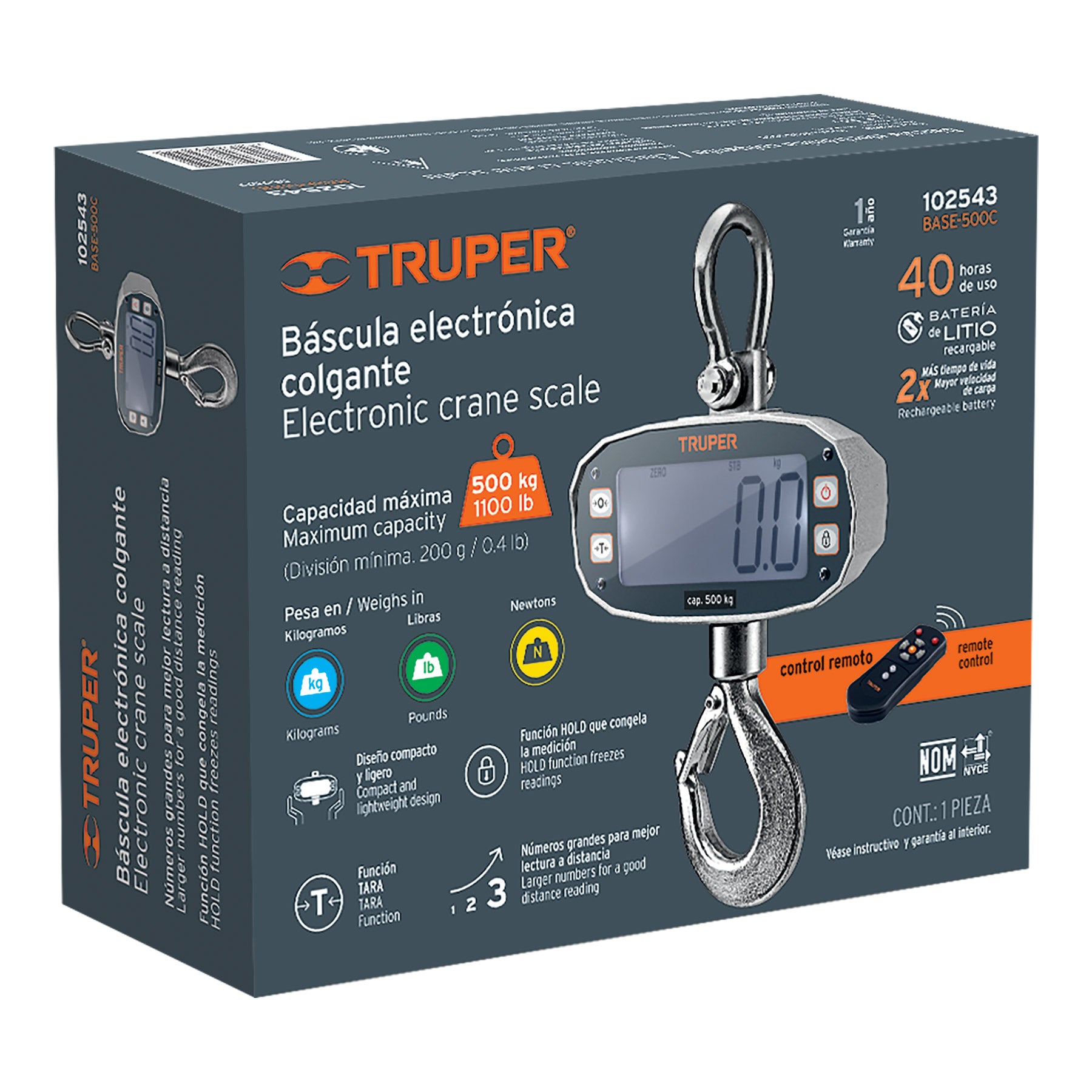 Báscula electrónica colgante, recargable, 500 kg, Truper