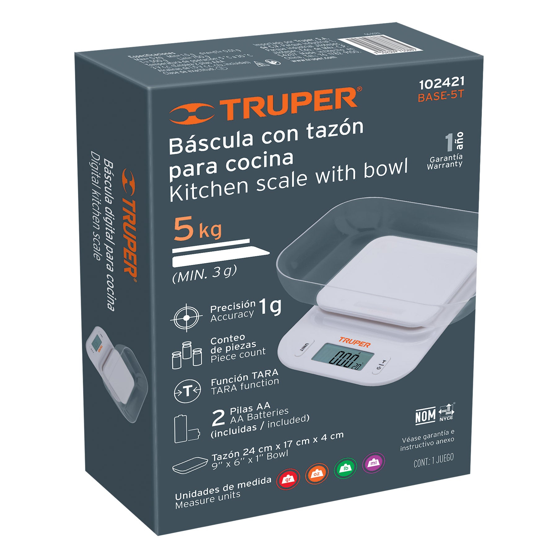 Báscula digital para cocina, con tazón, 5 kg, Truper