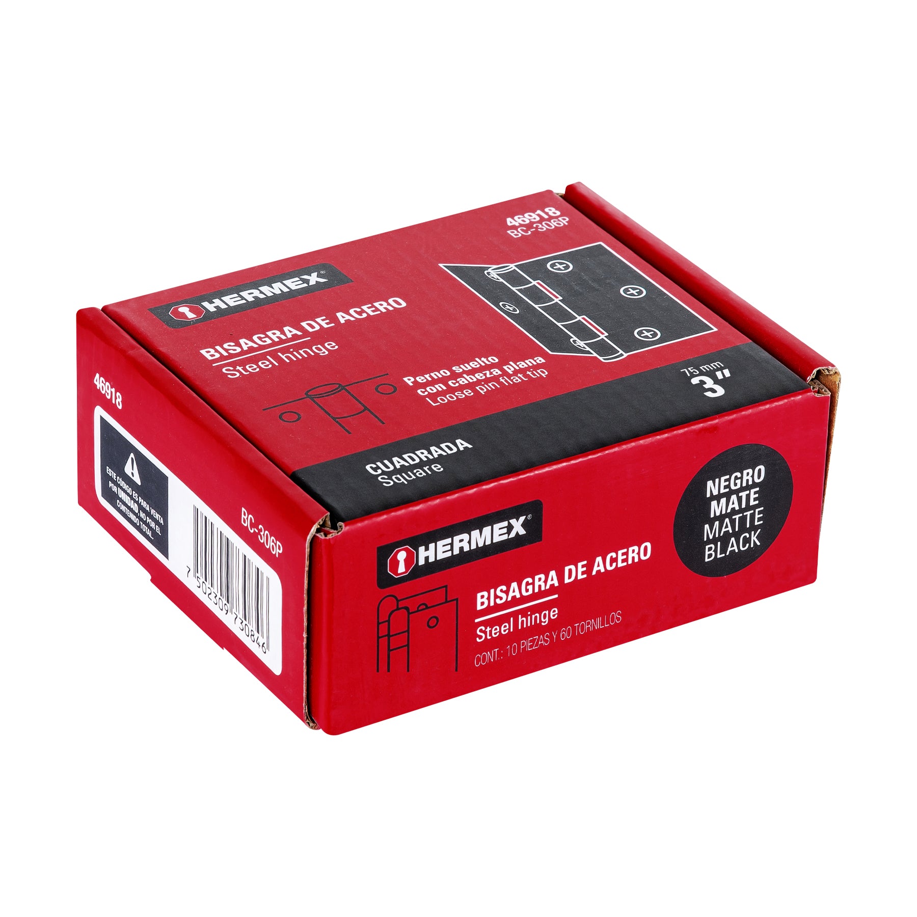 Bisagra cuadrada 3", negro mate, cabeza plana, Hermex