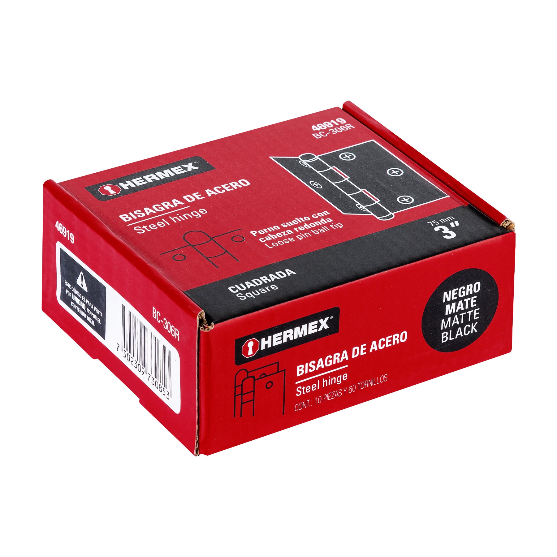 Bisagra cuadrada 3", negro mate, cabeza redonda, Hermex