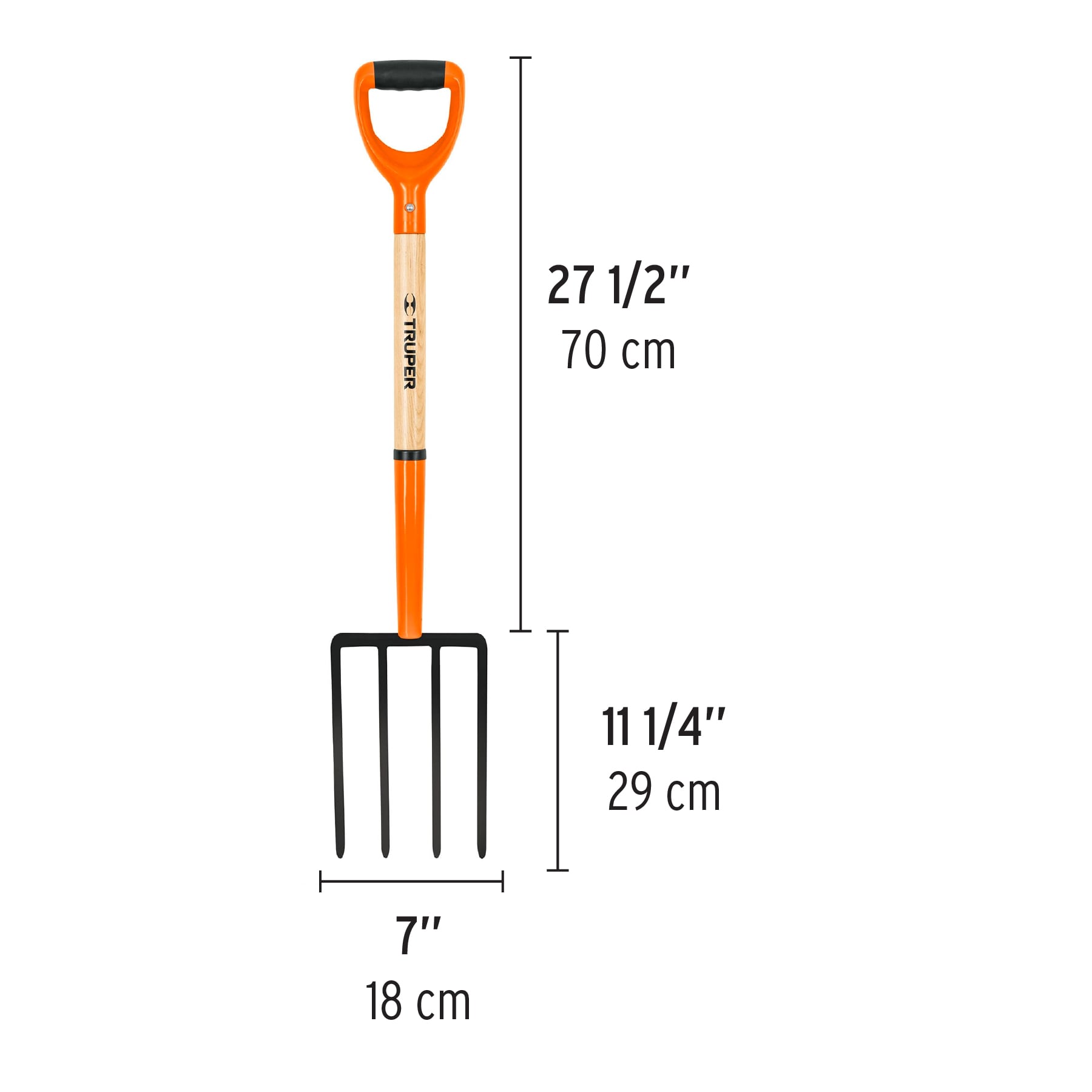 Bieldo para jardín, 4 dientes cuadrados, mango 29", puño Y