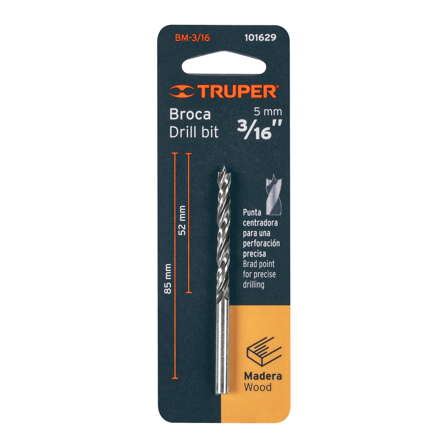Broca con punta centradora para madera 3/16", Truper