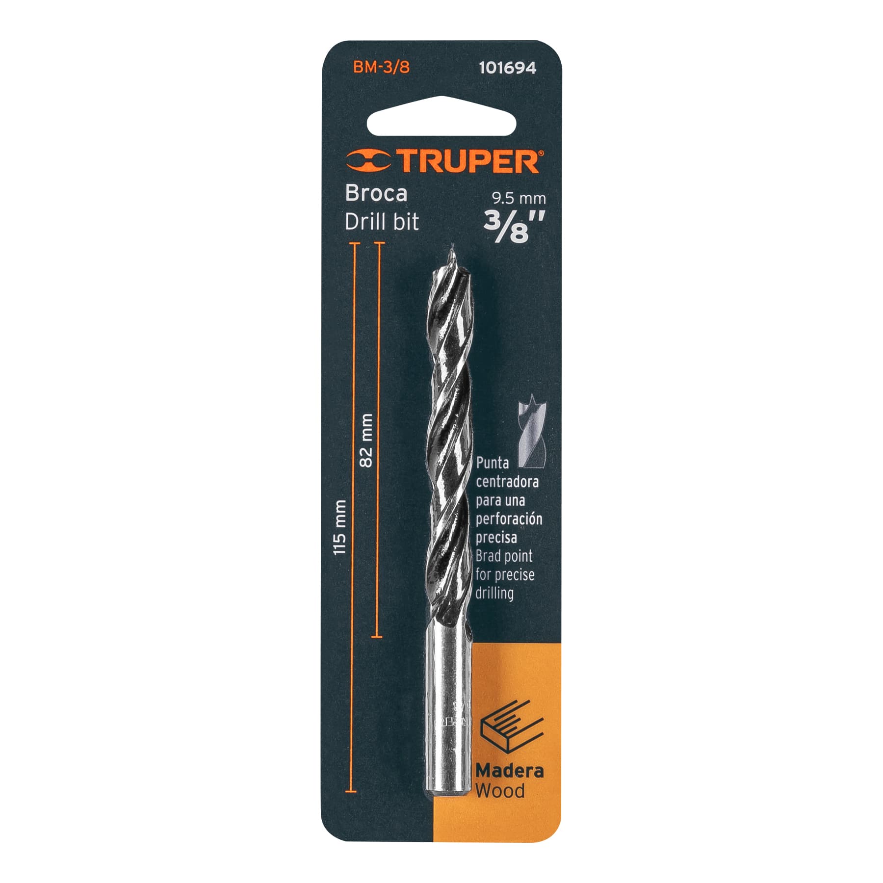Broca con punta centradora para madera 3/8", Truper