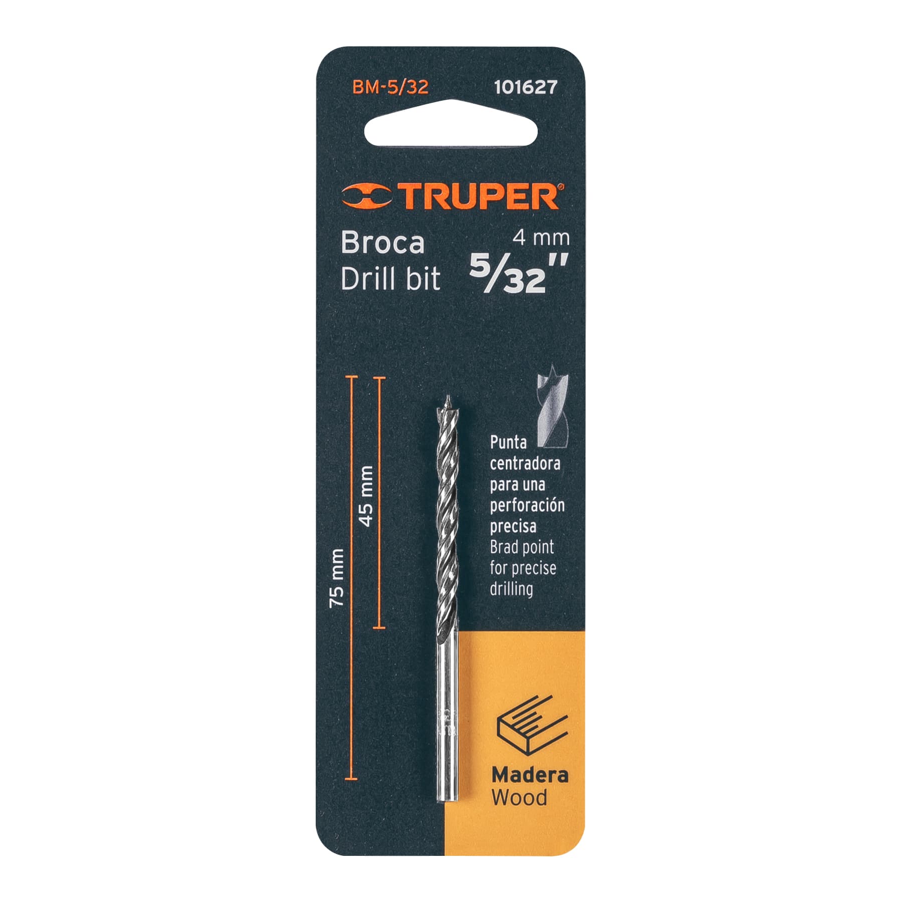 Broca con punta centradora para madera 5/32", Truper