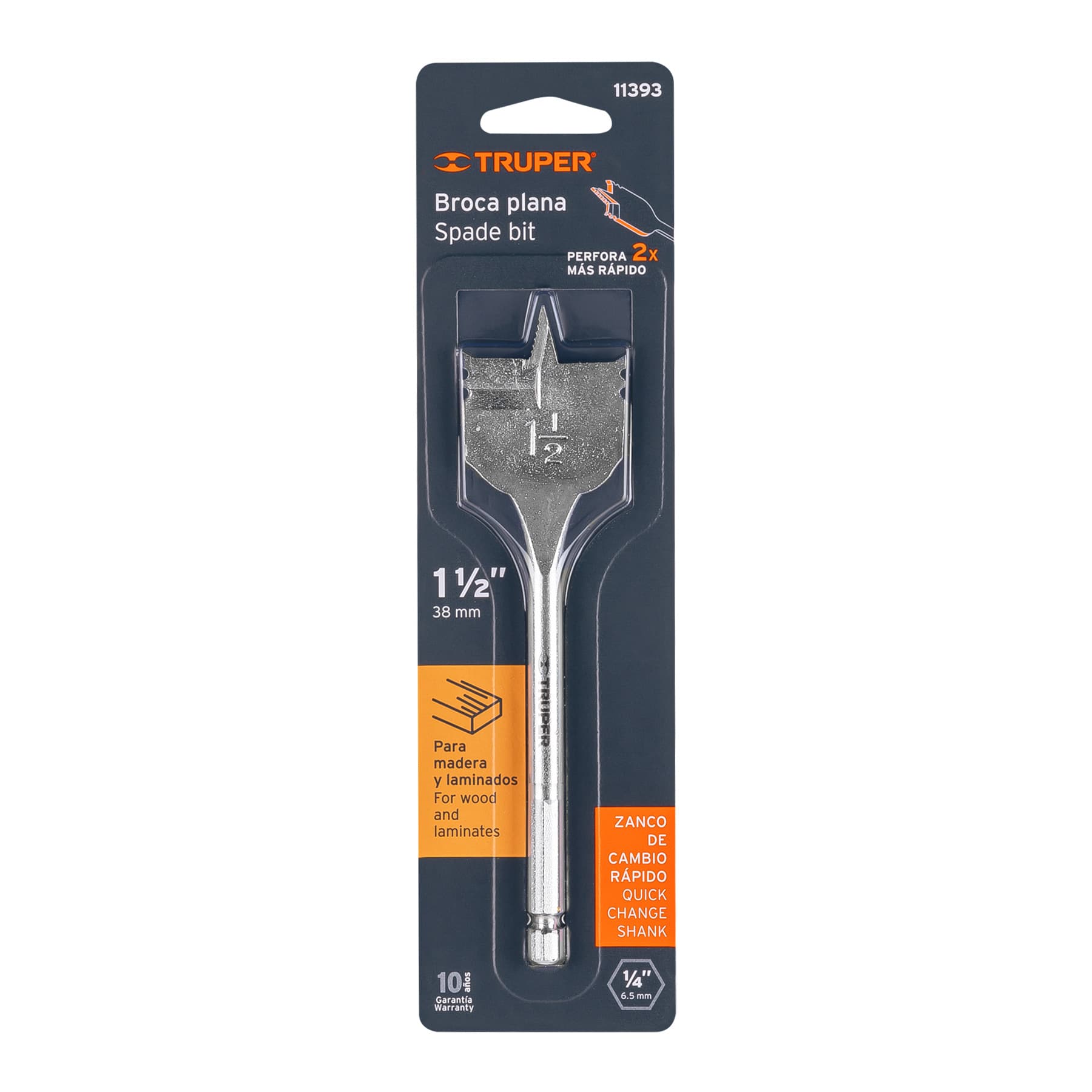Broca plana de manita 1-1/2" para madera, Truper