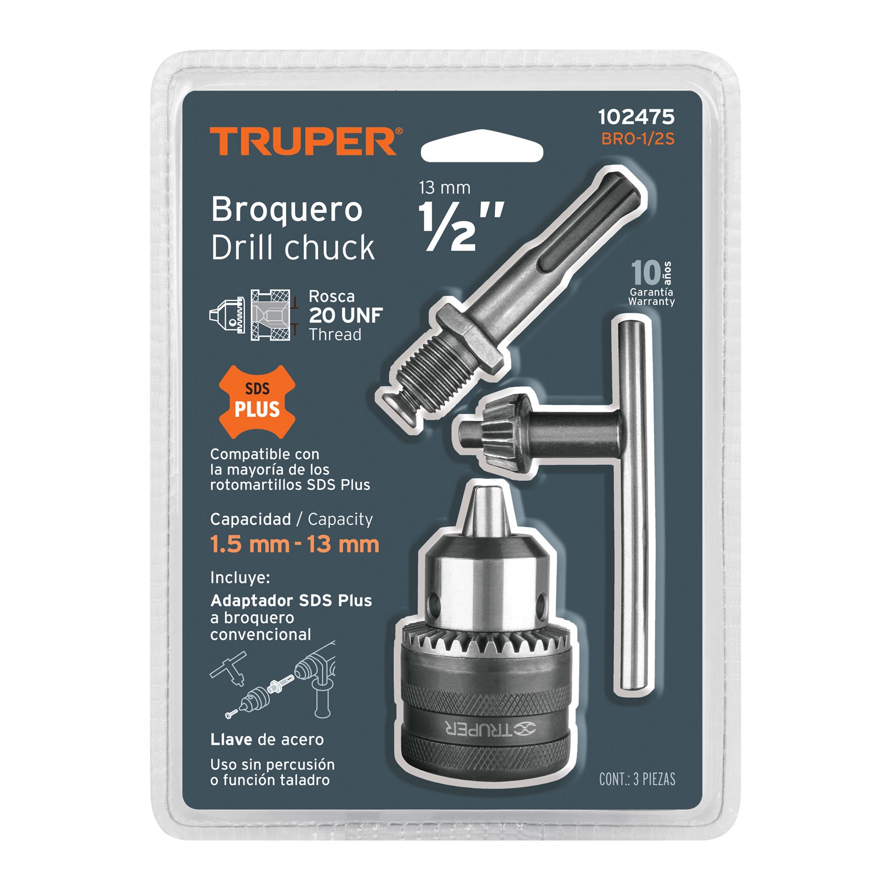 Broquero de 1/2" con llave y adaptador SDS Plus para rotomartillo