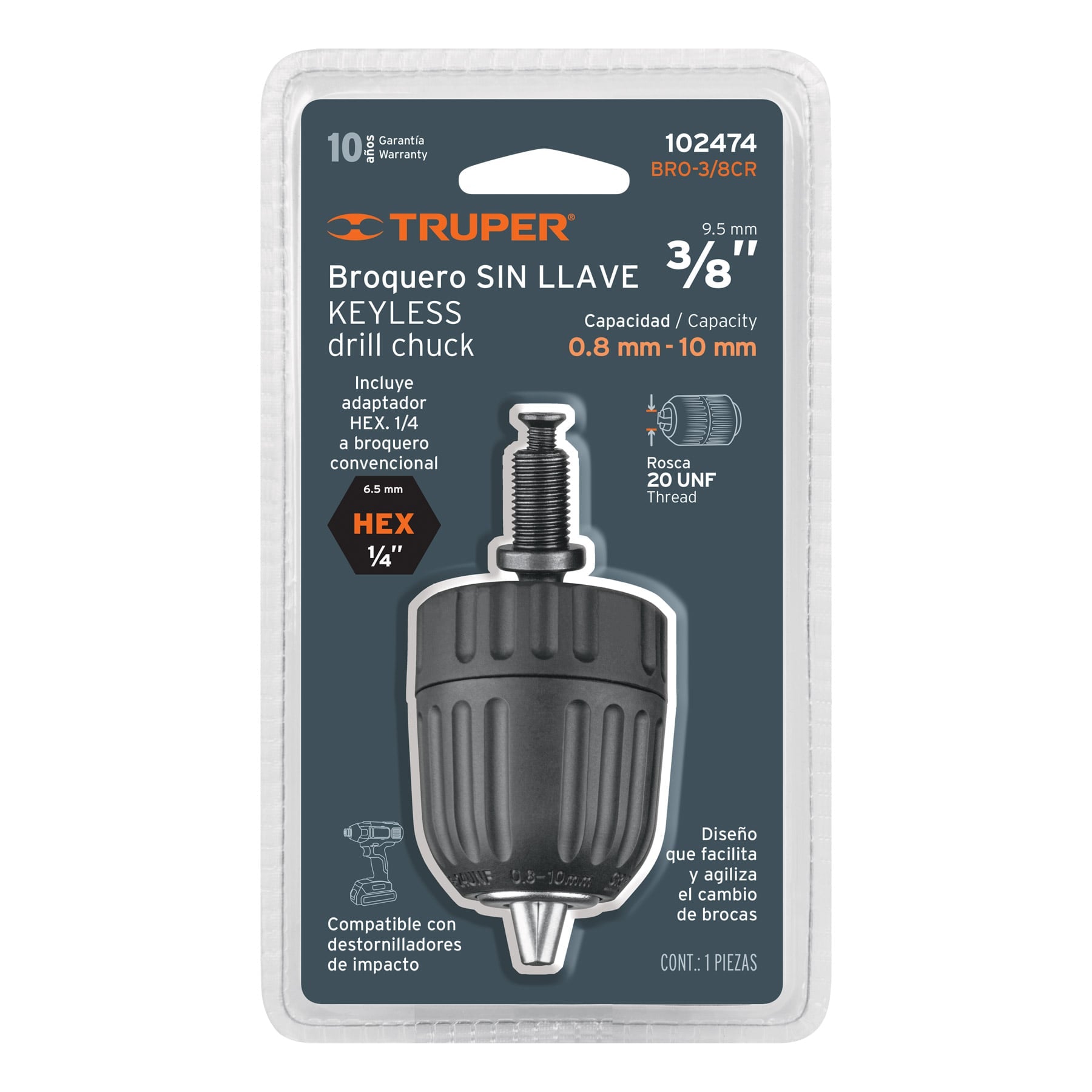 Broquero 3/8" s/llave, con adaptador Hex 1/4" para destornillador