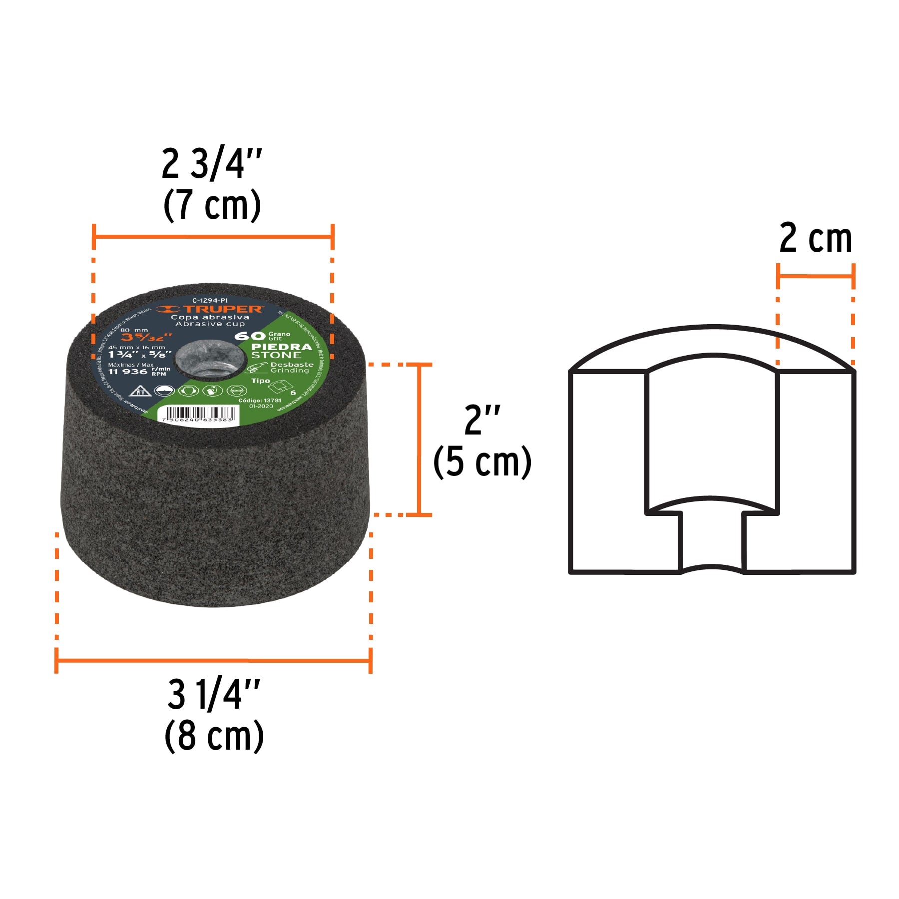 Copa desbaste de piedra 3-5/32" grano 60, eje 5/8-11, Truper