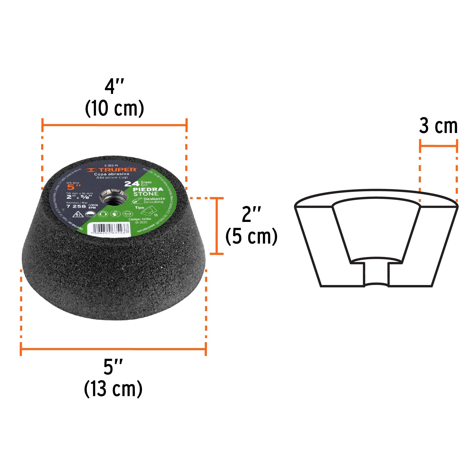 Copa desbaste de piedra 5" grano 24, eje 5/8-11, Truper