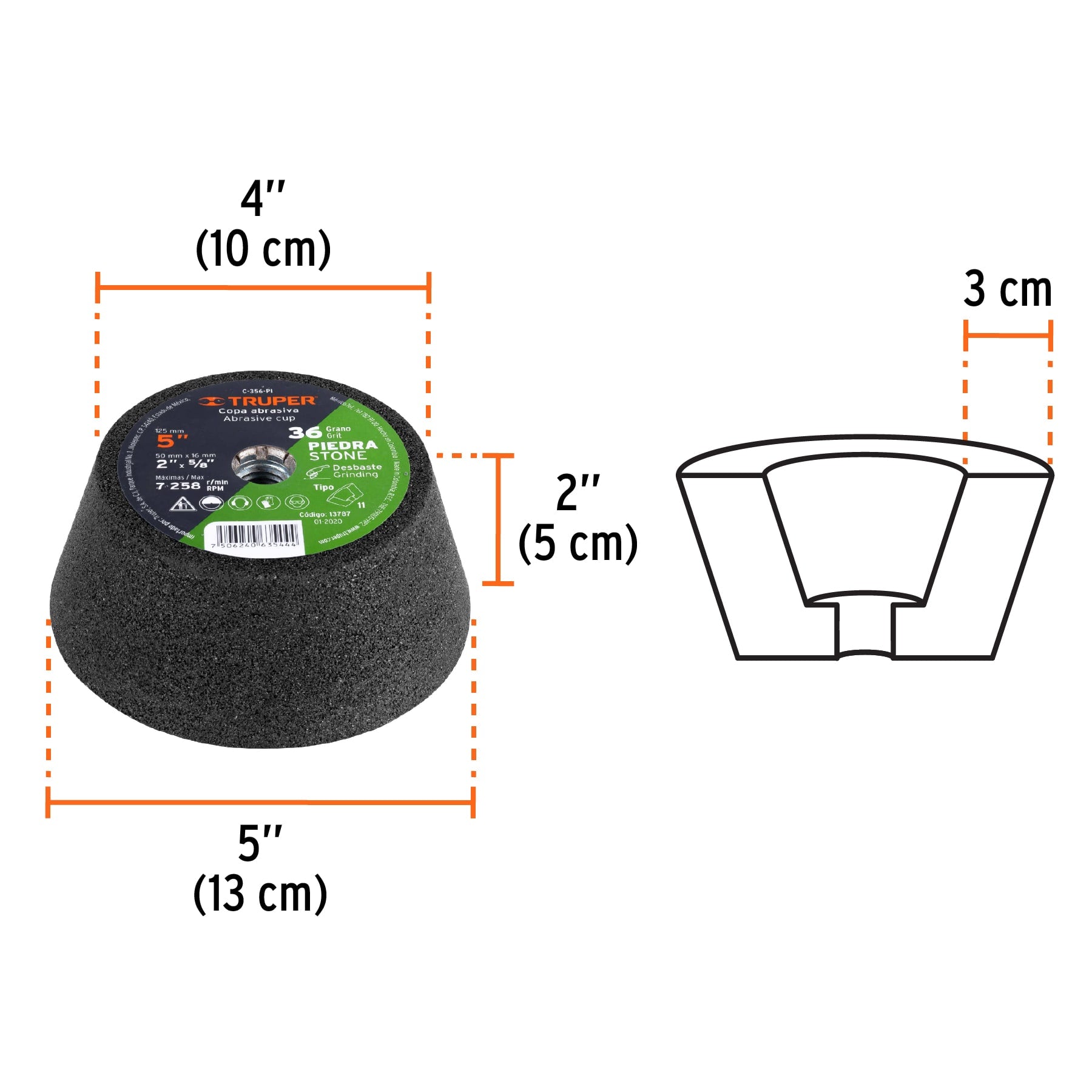 Copa desbaste de piedra 5" grano 36, eje 5/8-11, Truper