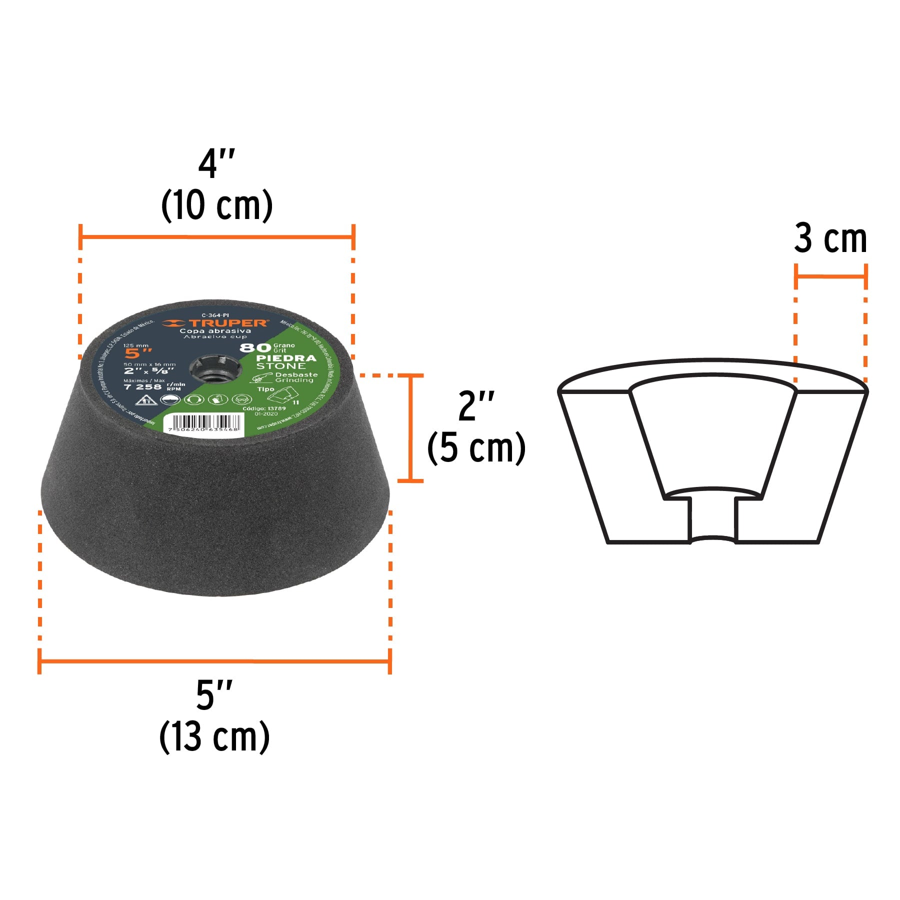 Copa desbaste de piedra 5" grano 80, eje 5/8-11, Truper