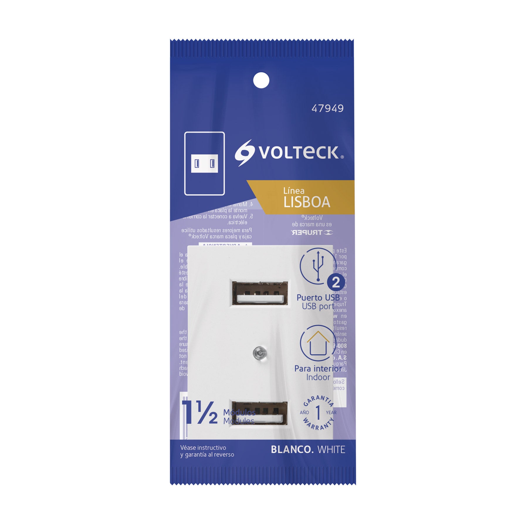 Toma con 2 puertos USB blanco de 1.5 módeloulos, línea Lisboa