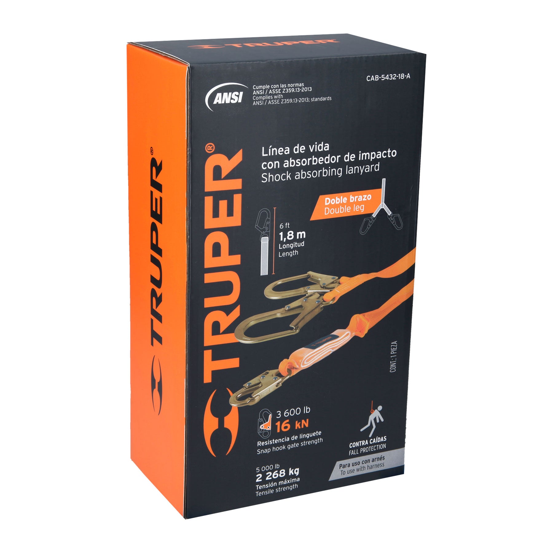 Línea vida absorbedor impacto doble brazo gancho grande, ANSI