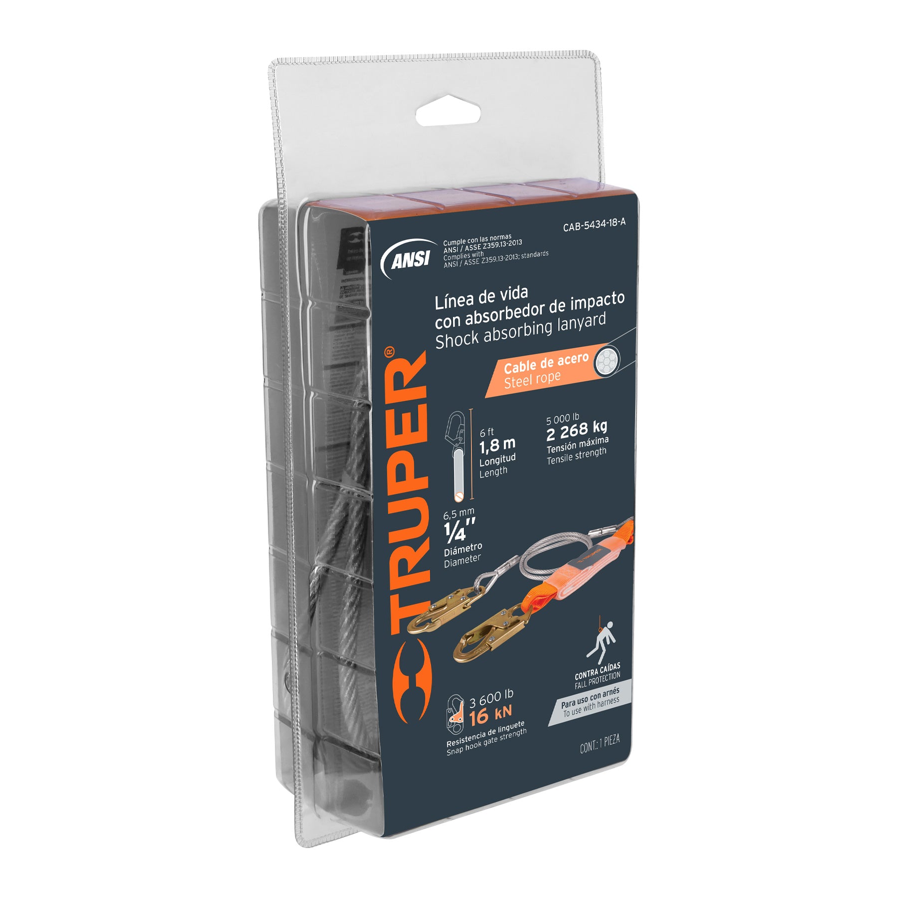 Línea de vida 1.8 m cable de acero, absorbedor impacto, ANSI