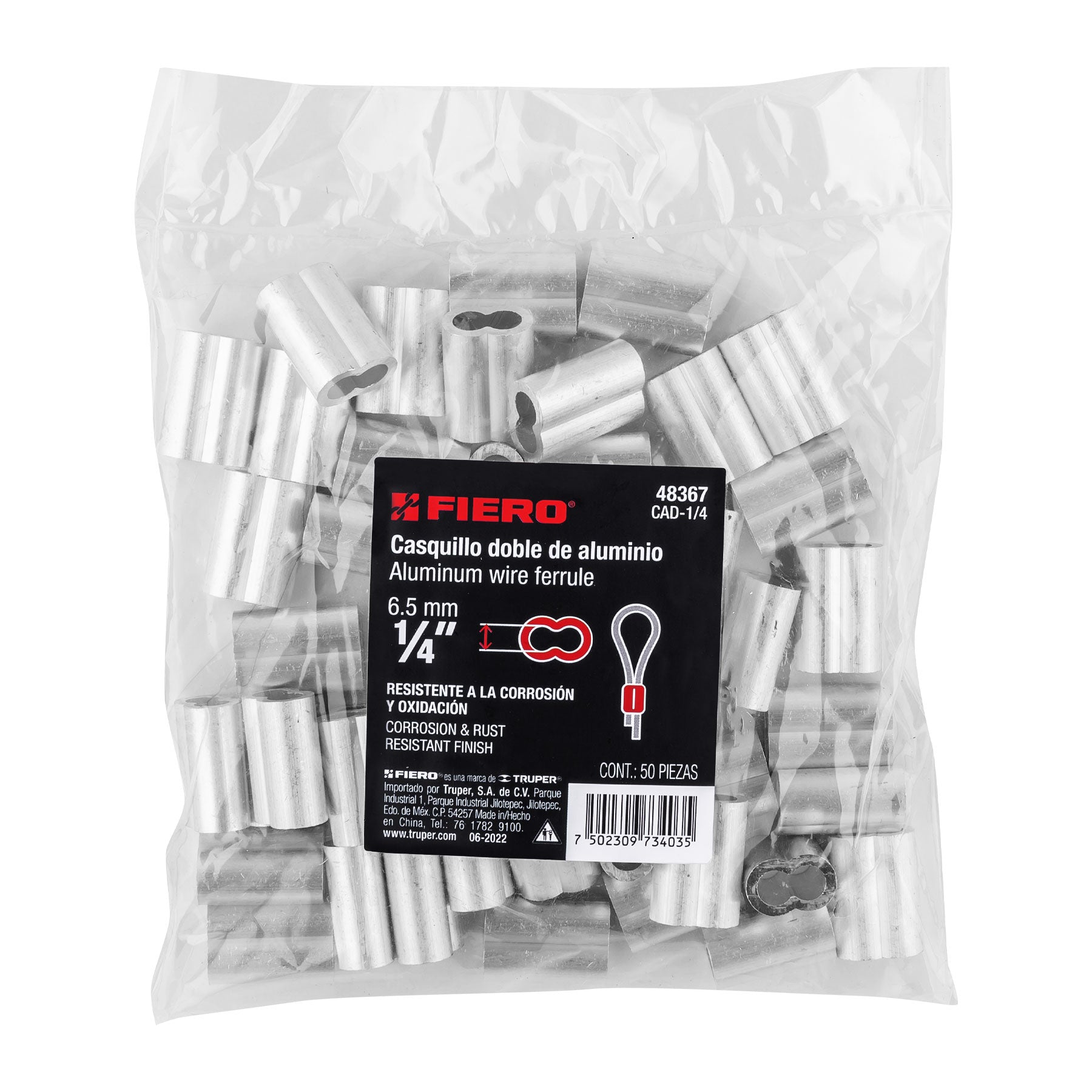Bolsa con 50 casquillos dobles de aluminio, 1/4", Fiero
