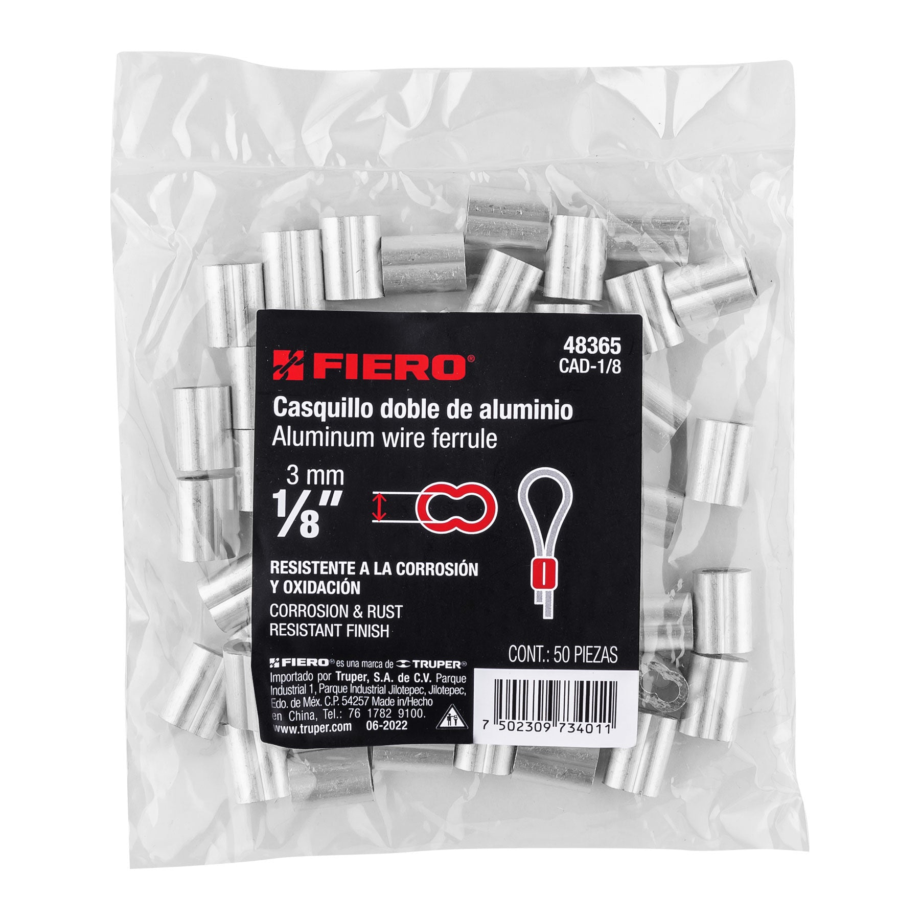 Bolsa con 50 casquillos dobles de aluminio, 1/8", Fiero