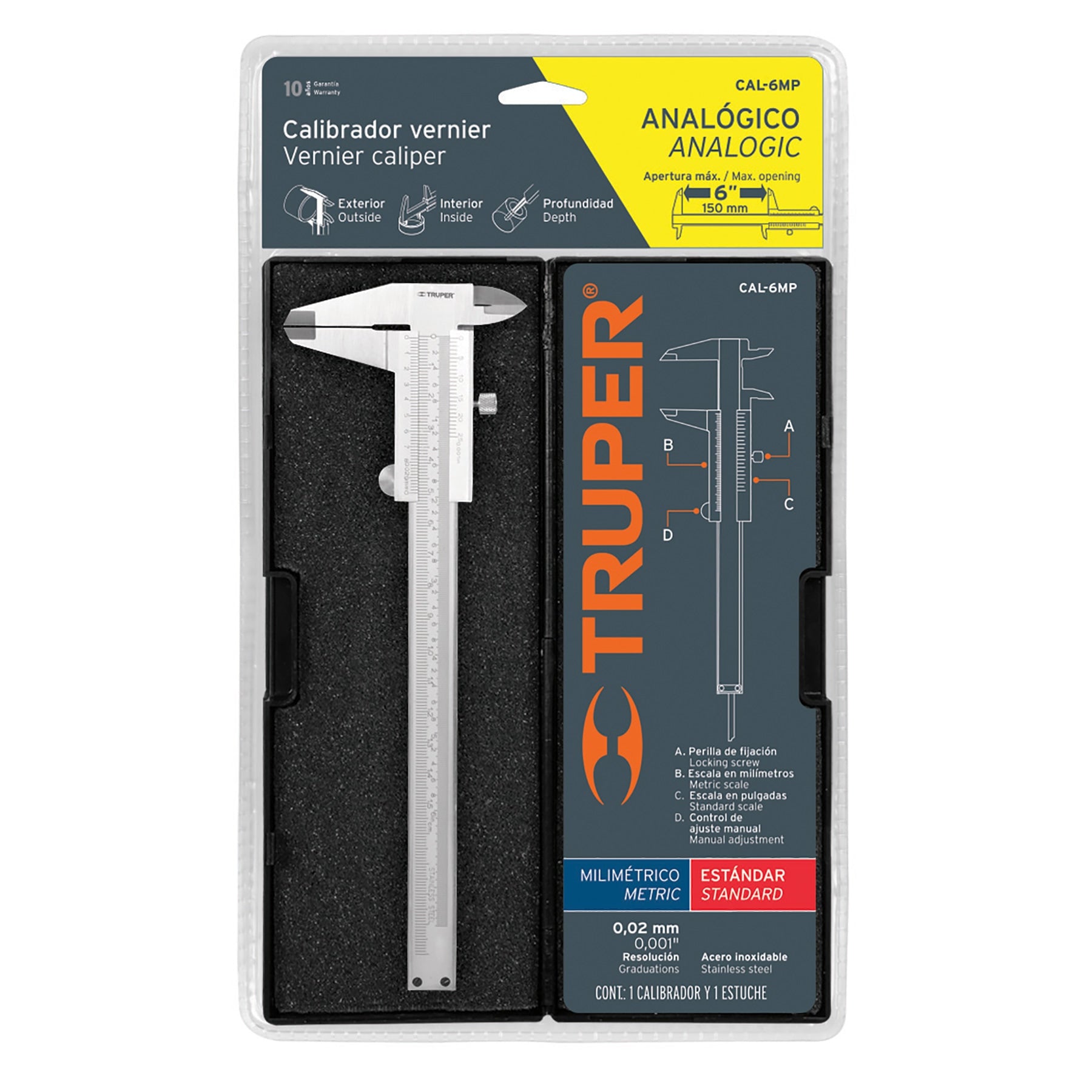 Calibrador vernier analógico 6" acero inoxidable estándar y mm, Truper