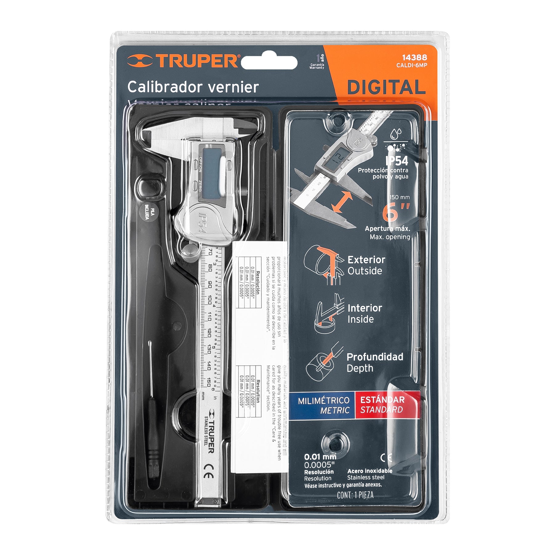 Calibrador vernier digital 6" acero inoxidable estándar y mm, Truper