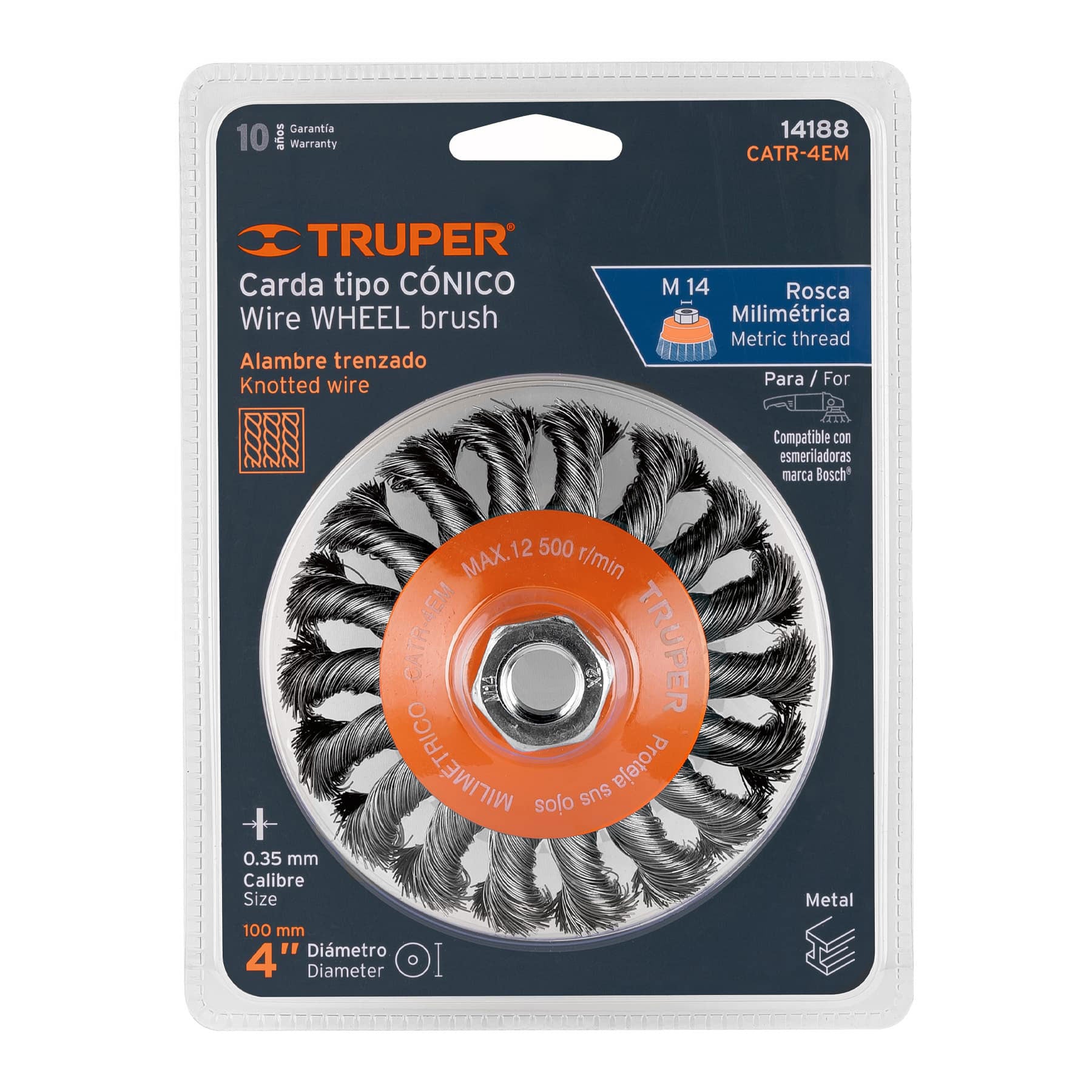 Carda tipo cónico 4" alambre trenzado, multi rosca, Truper