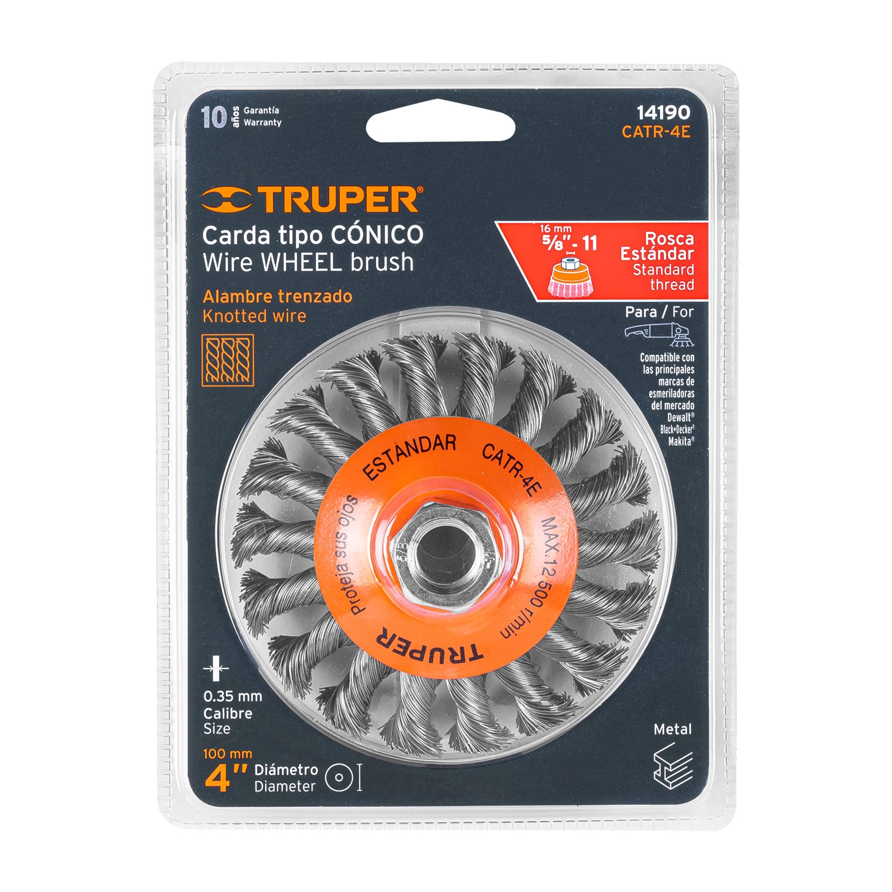 Carda tipo cónico 4" alambre trenzado, eje 5/8"-11, Truper