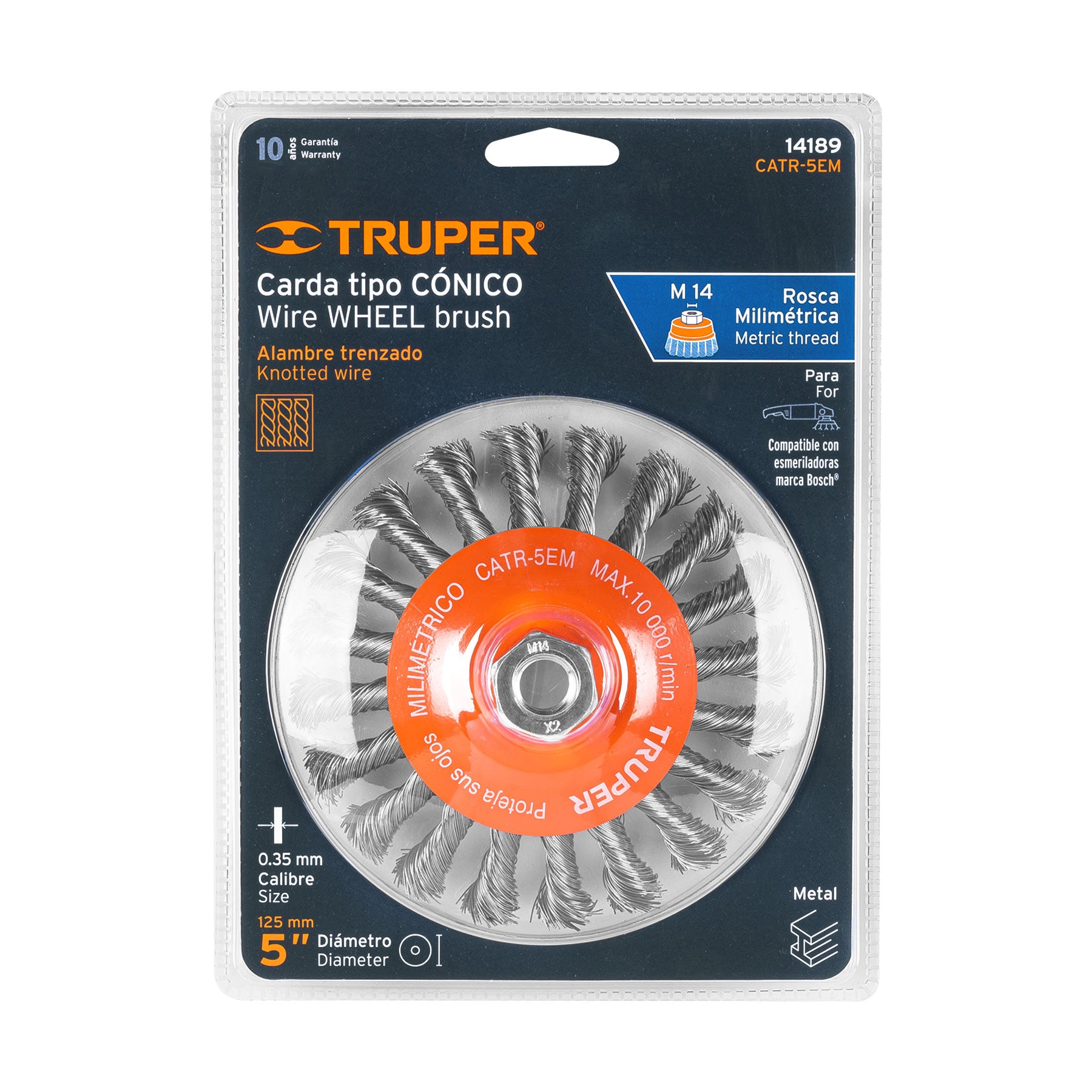 Carda tipo cónico 5" alambre trenzado, multi rosca, Truper