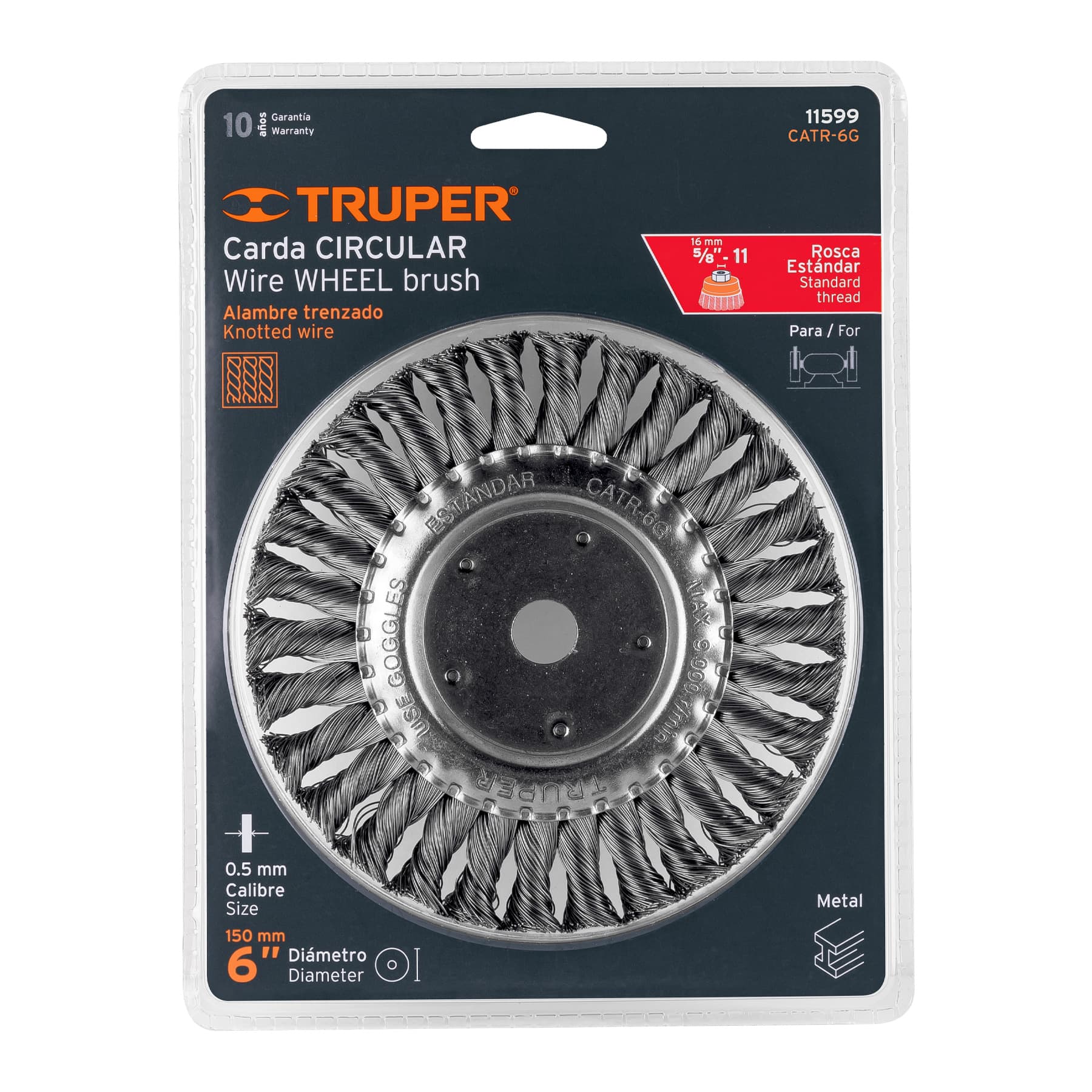 Carda trenzado grueso 6" x 5/8" para esmeril, Truper