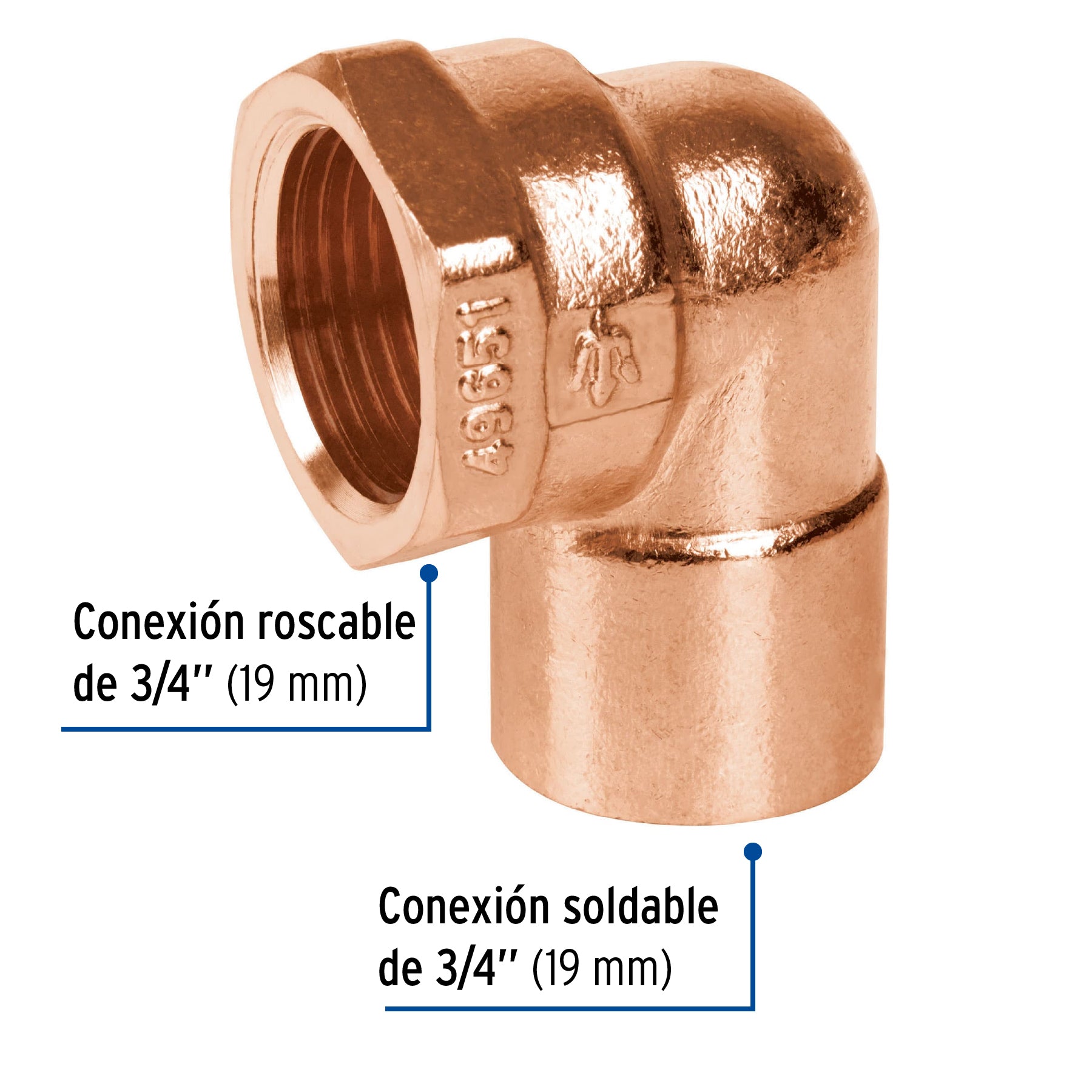Codo 90∞ de cobre, rosca interior 3/4", Foset
