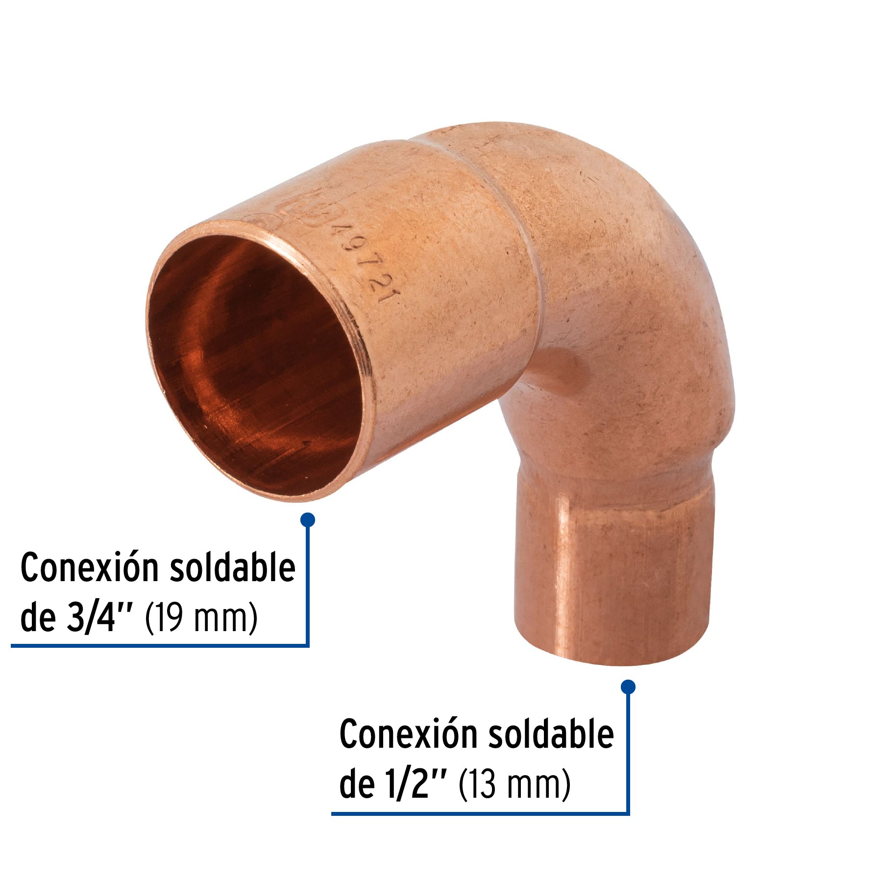 Codo 90∞ reducción de cobre de 3/4" x 1/2", Foset
