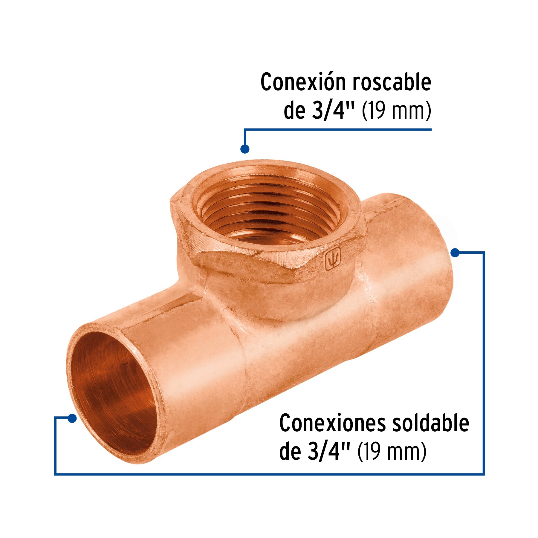 Tee de cobre rosca interior central 3/4", Foset