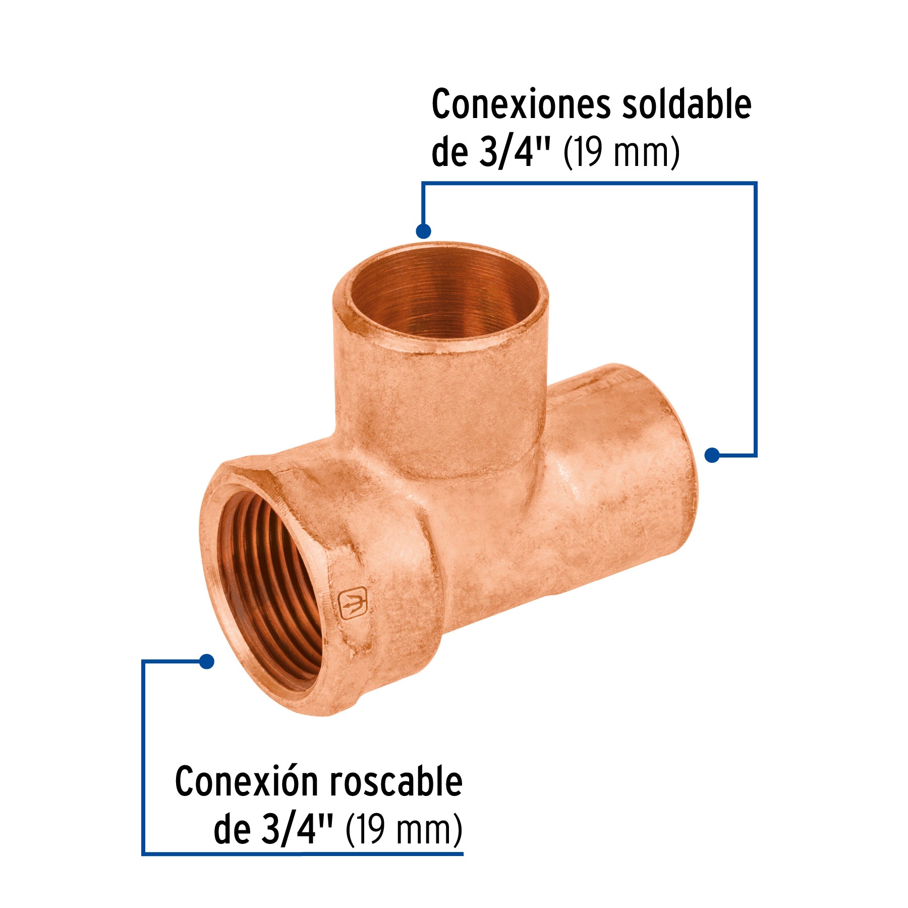 Tee de cobre rosca interior lateral 3/4", Foset