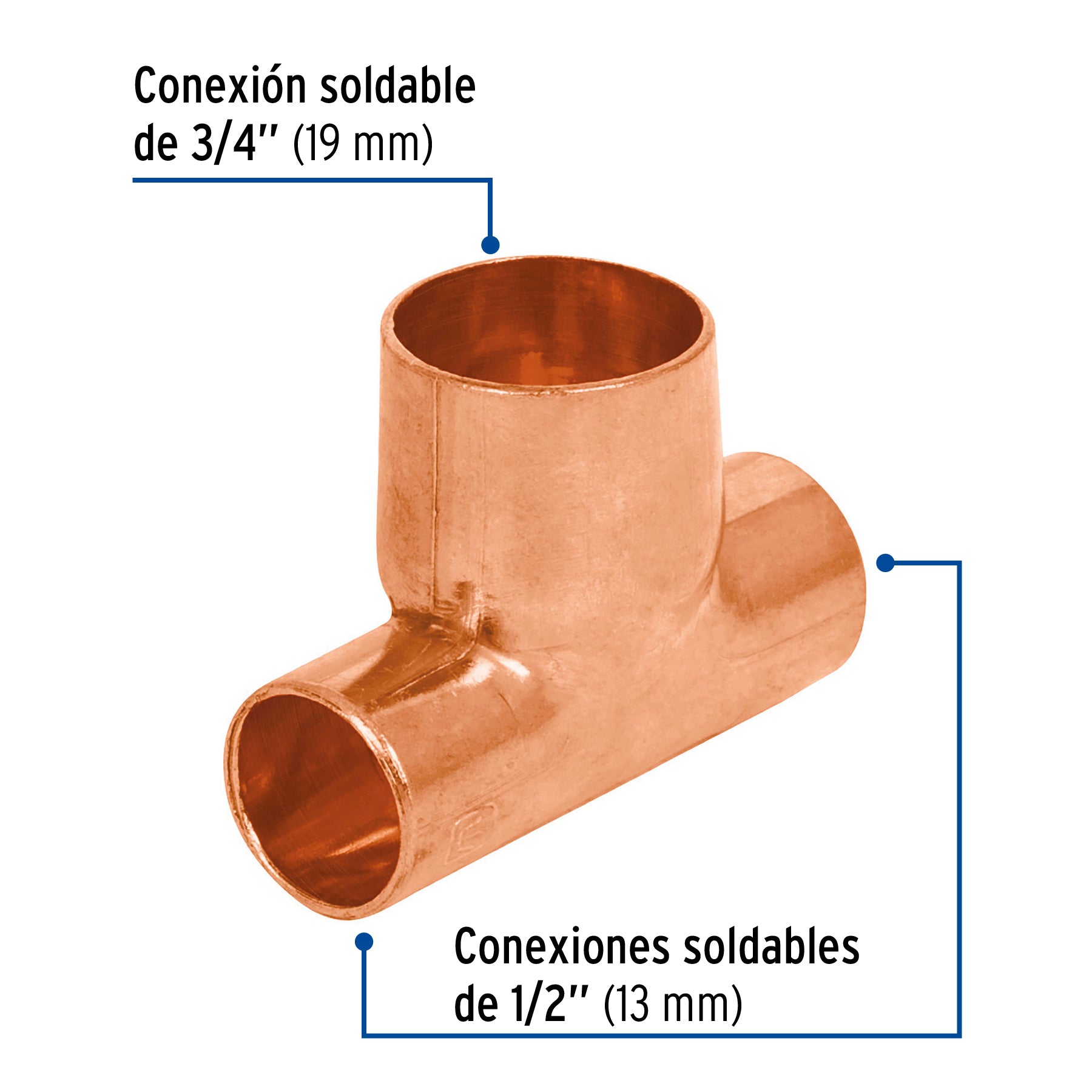 Tee reducida de cobre 1/2" x 1/2" x 3/4", Foset