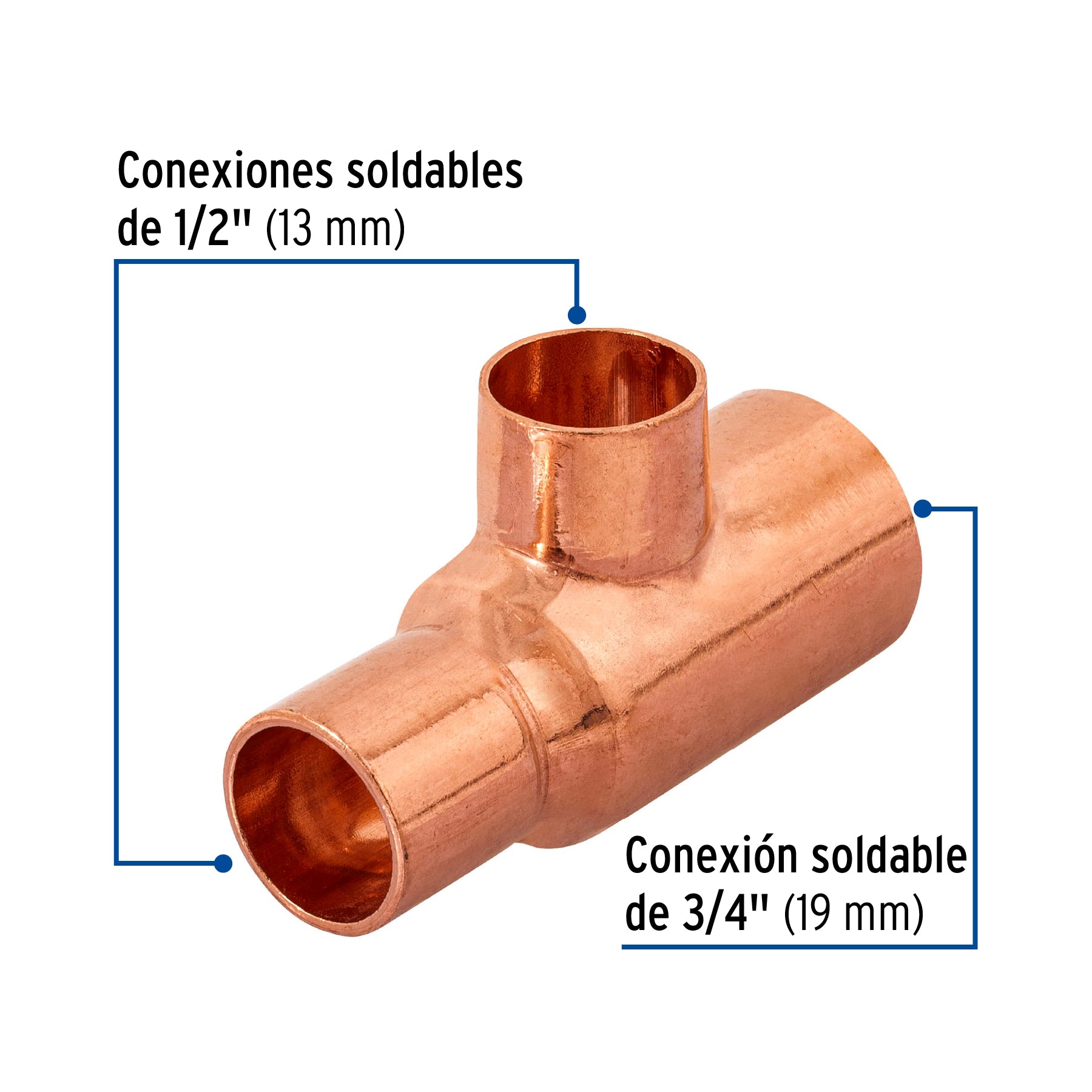 Tee reducida de cobre 3/4" x 1/2" x 1/2", Foset