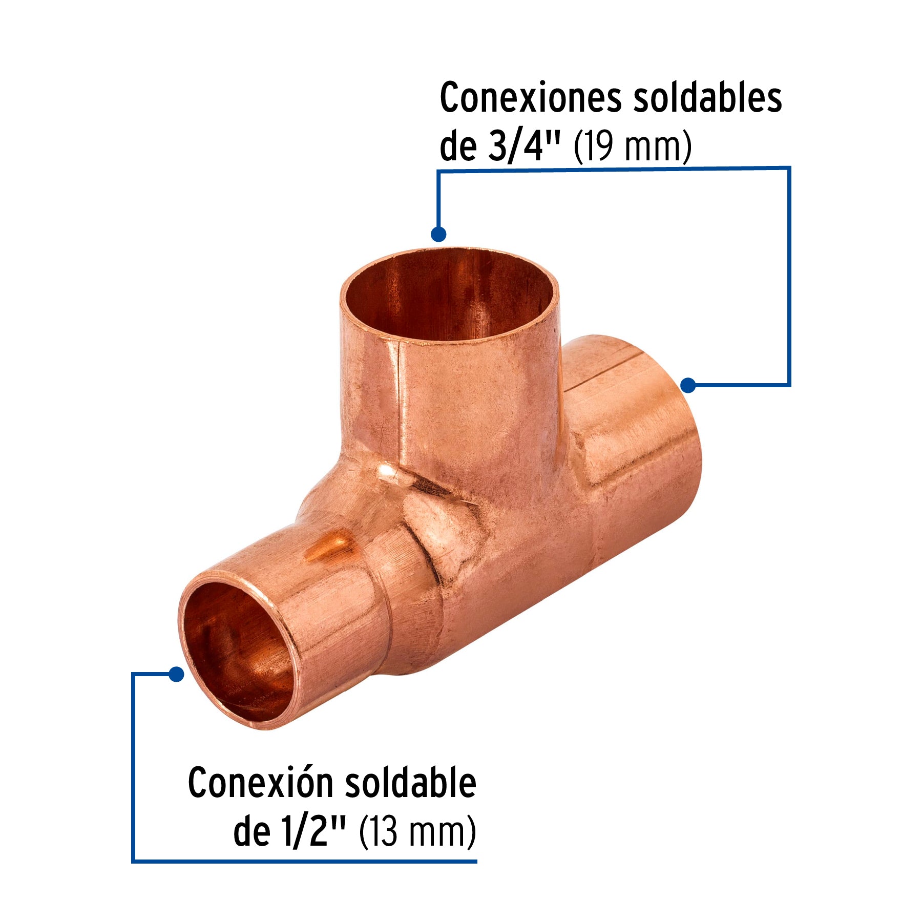 Tee reducida de cobre 3/4" x 1/2" x 3/4", Foset