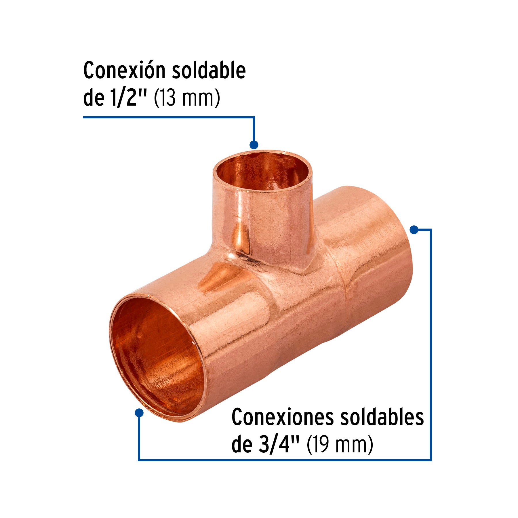Tee reducida de cobre 3/4" x 3/4" x 1/2", Foset