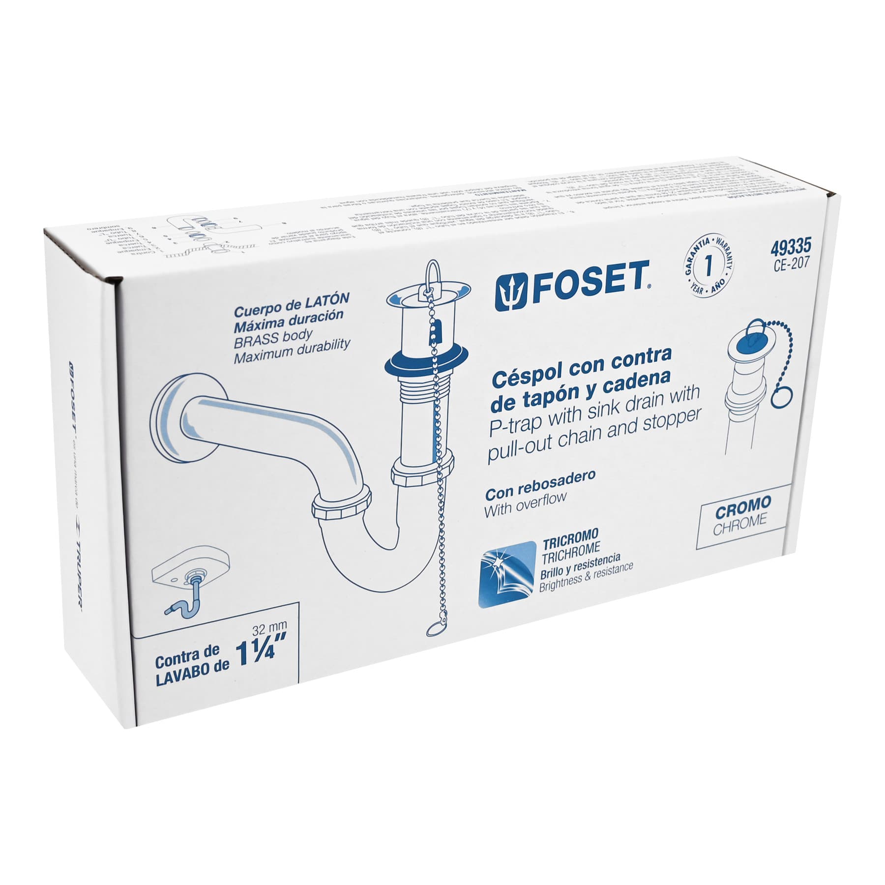 Céspol 1-1/4" con contra, tapón y cadena, latón cromo,para lavabo