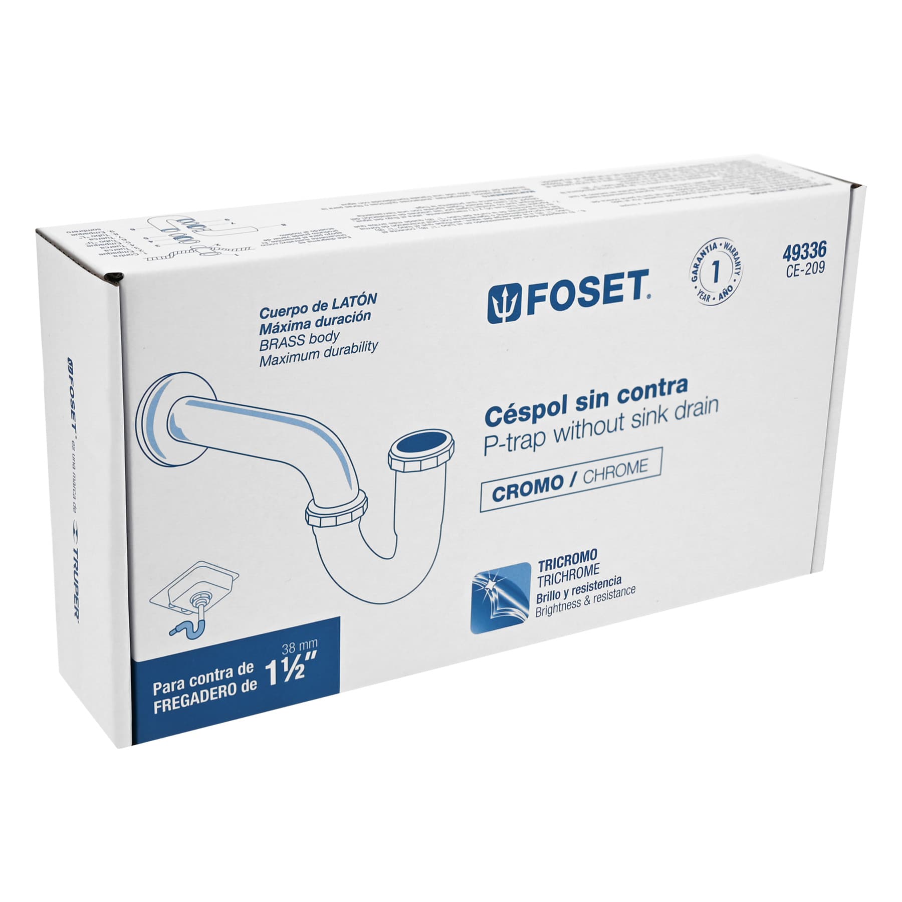 Céspol 1-1/2", sin contra, latón cromo, para fregadero