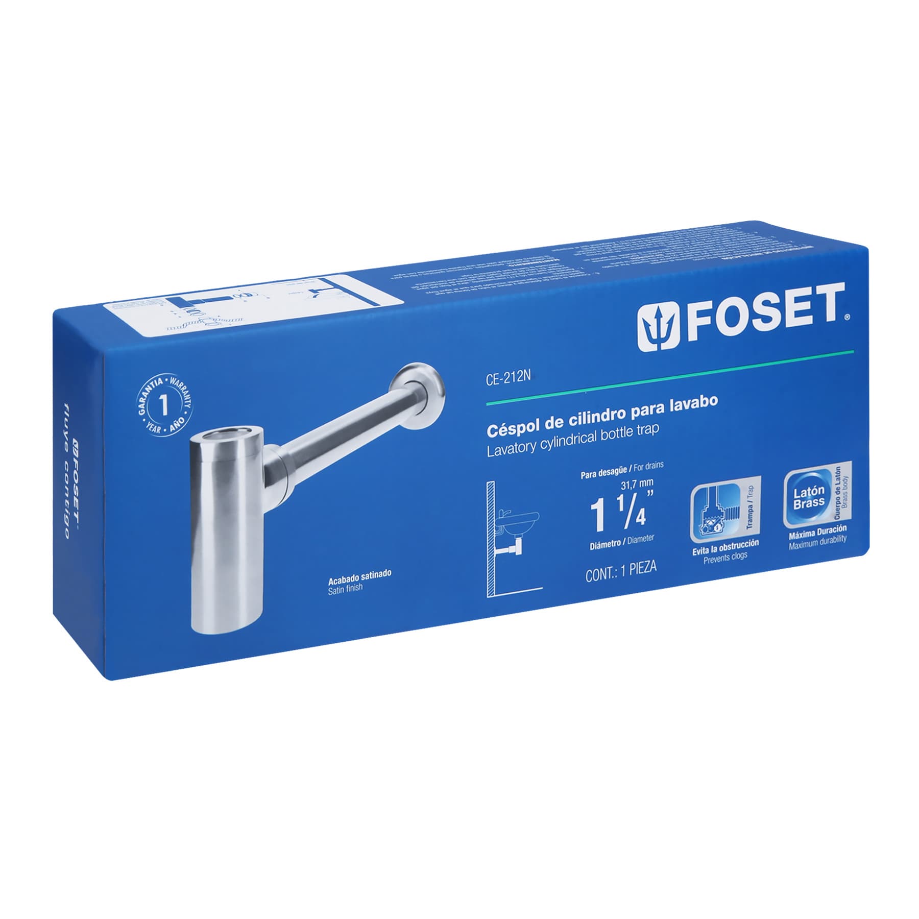 Céspol de bote minimalista 1 1/4", satín, para lavabo, Foset