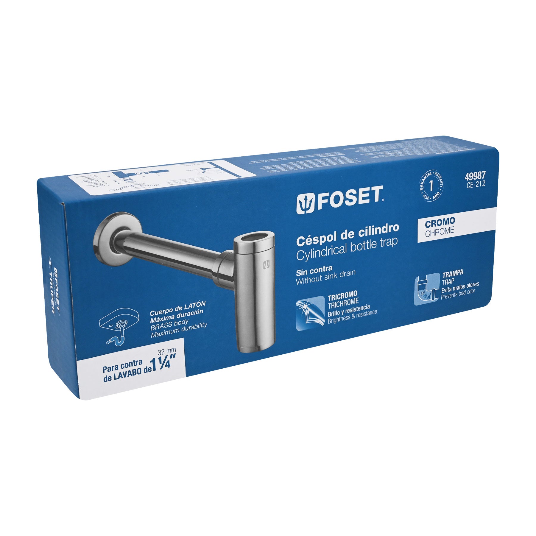 Céspol de bote minimalista 1 1/4", cromo, para lavabo, Foset