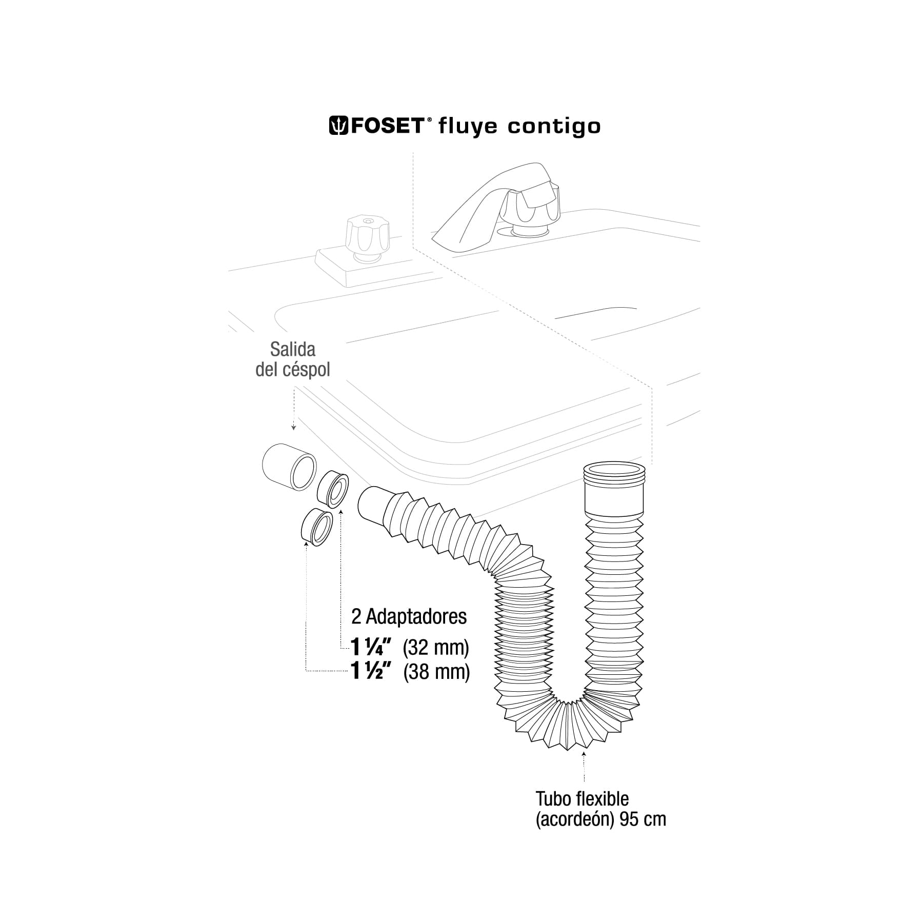 Céspol flexible, polietileno blanco, para lavabo y fregadero