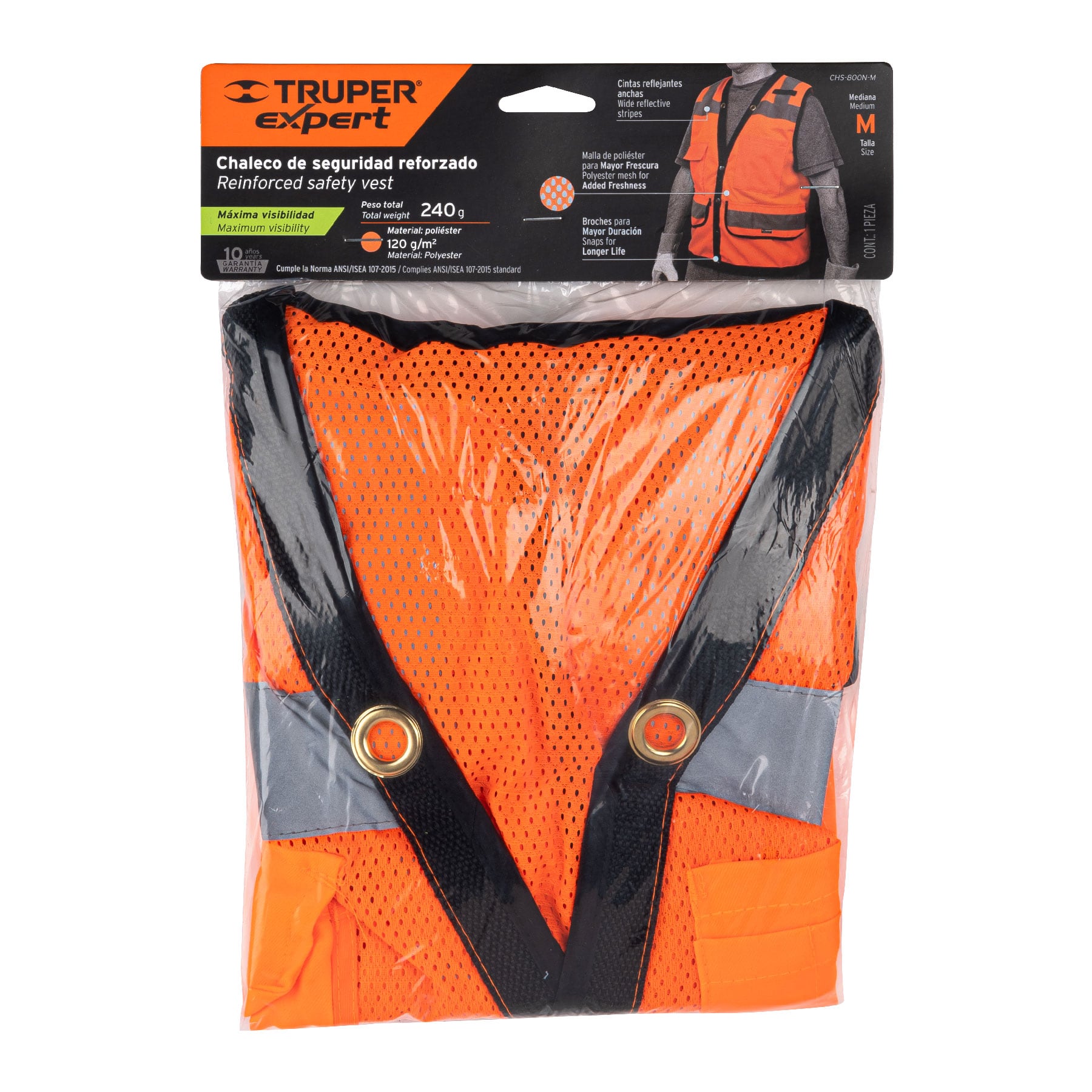 Chaleco seguridad reforzado naranja con bolsas, M, Expert