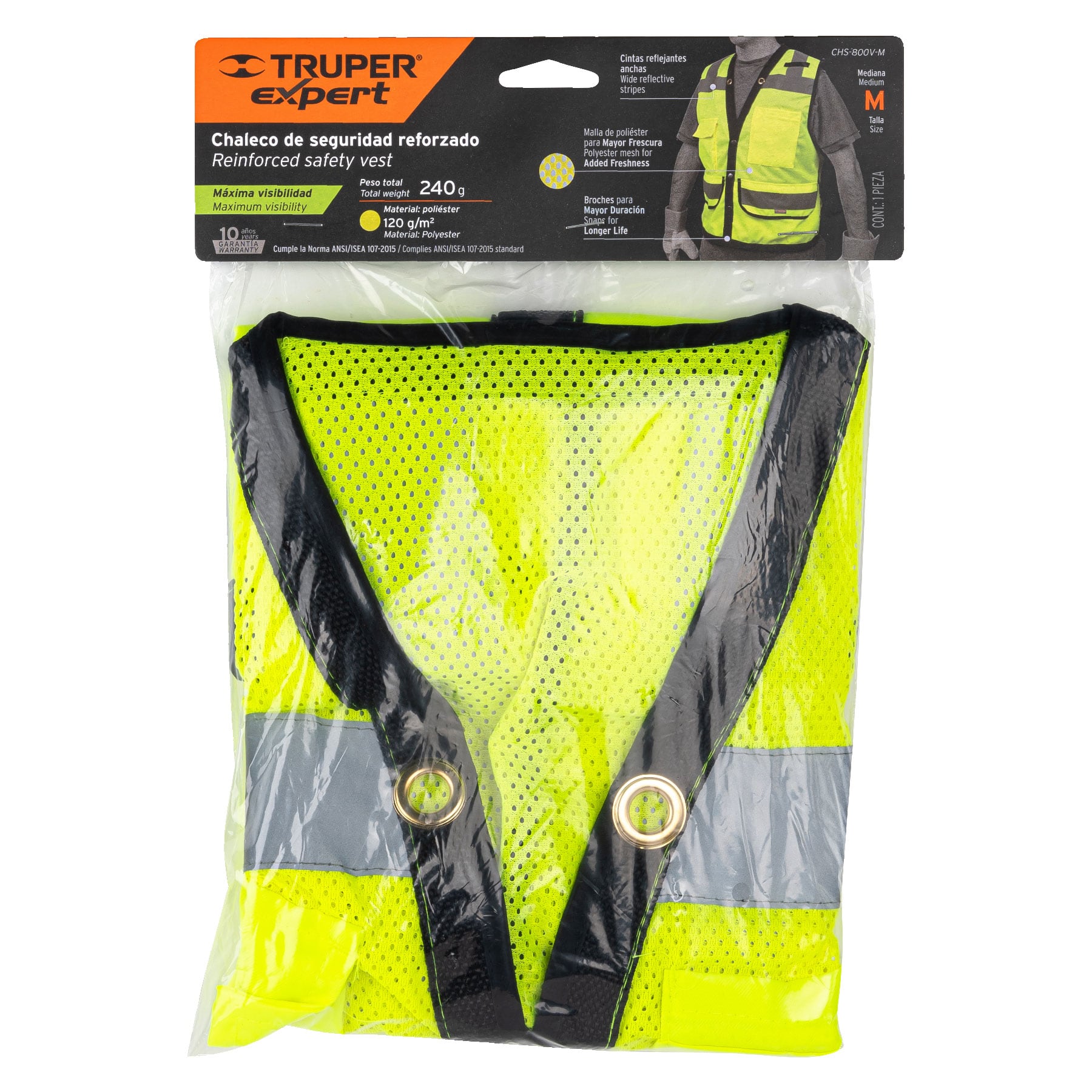 Chaleco seguridad reforzado verde con bolsas, M, Expert