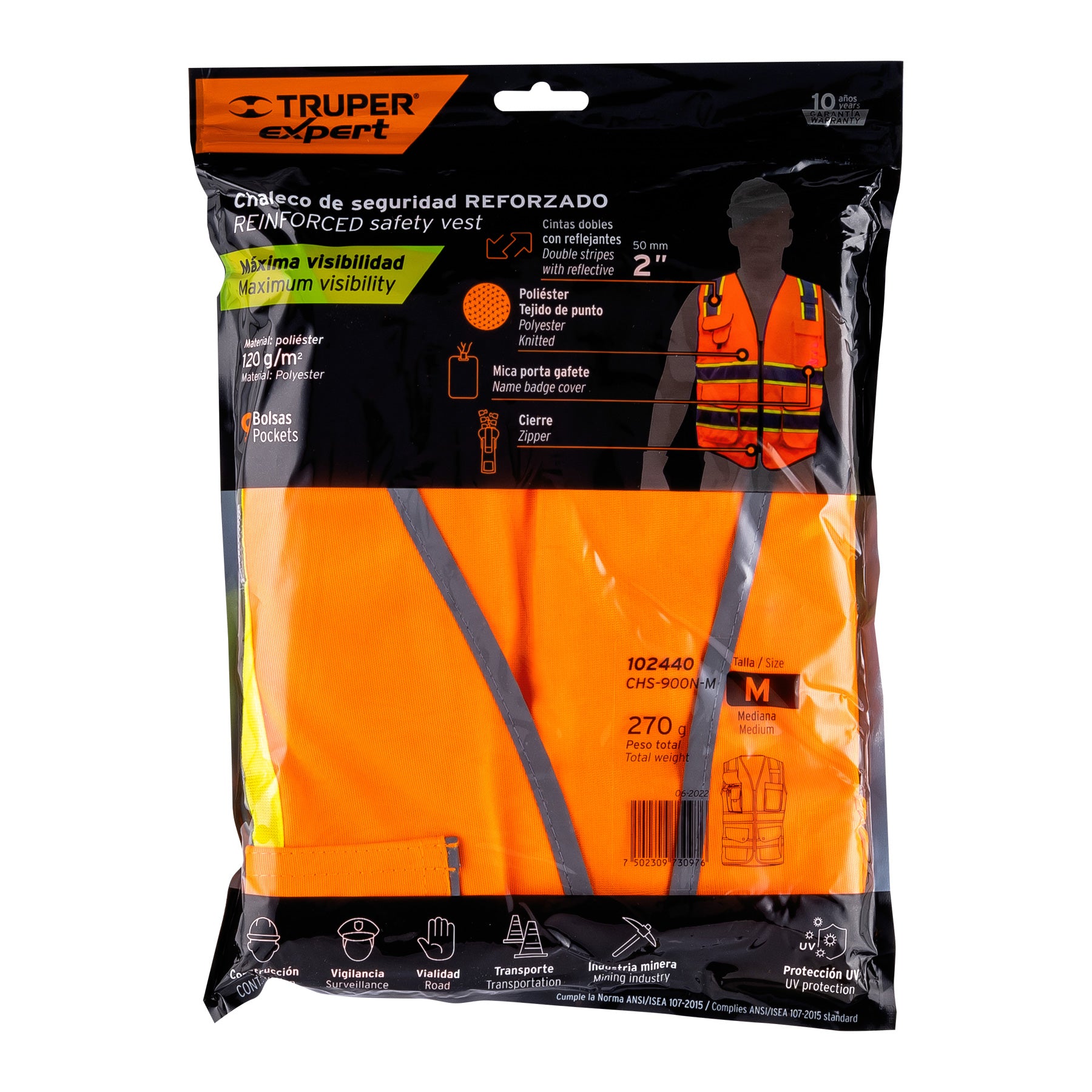 Chaleco de seguridad de alta visibilidad, naranja, M, Expert