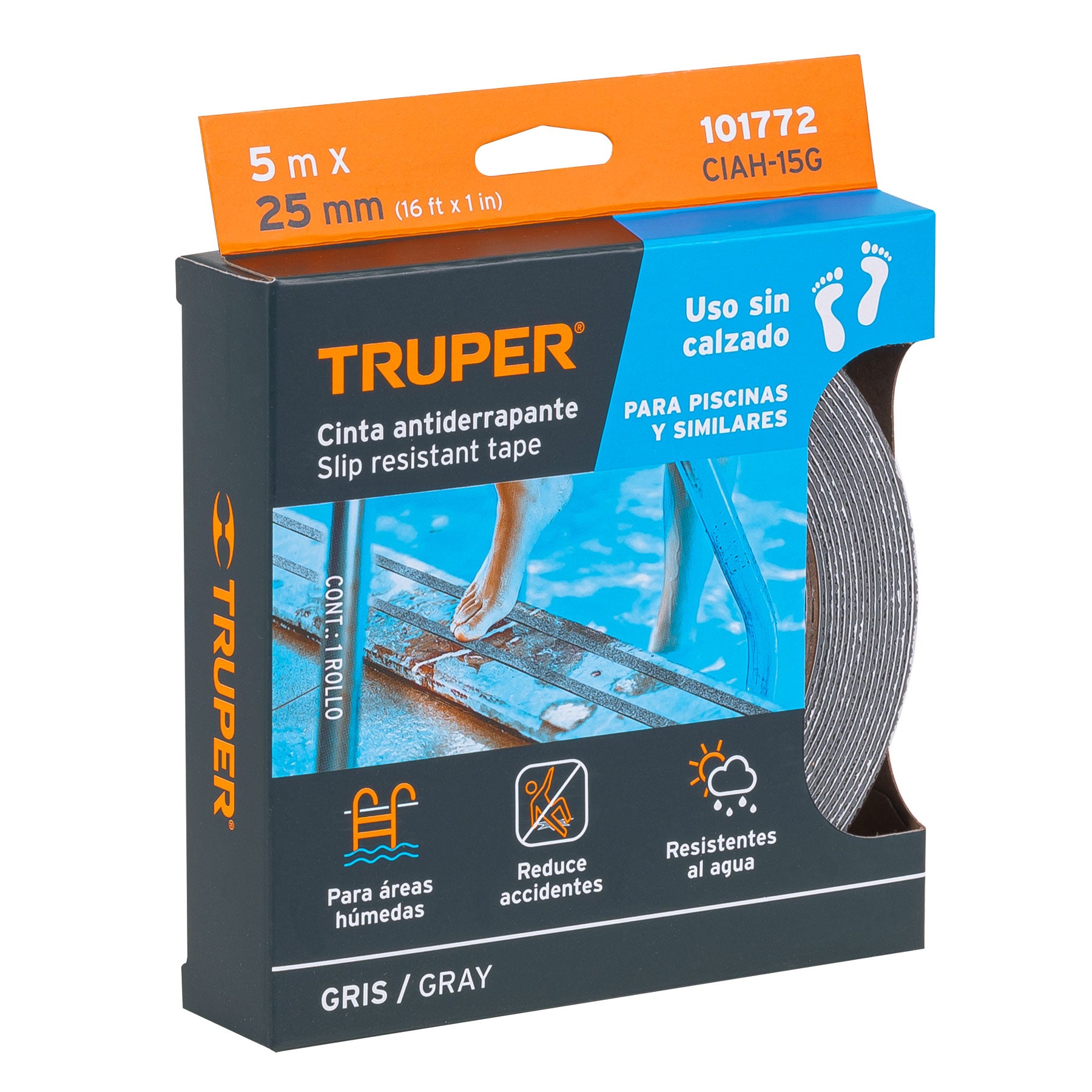 Rollo de 5 m cinta antiderrapante 25mm gris para áreas húmedas