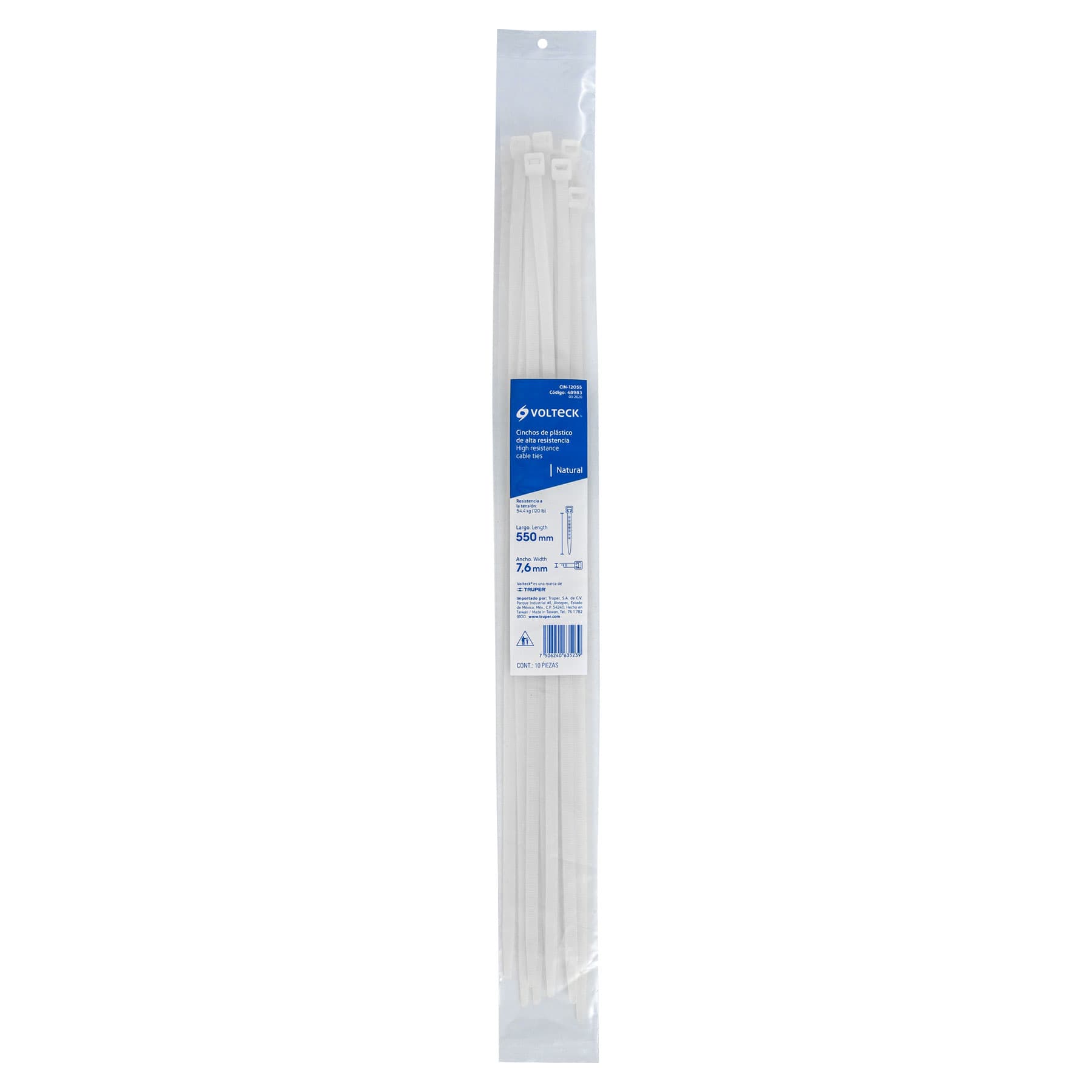 Bolsa con 10 cinchos plásticos 120 lb, 550 x 7.5 mm, naturales