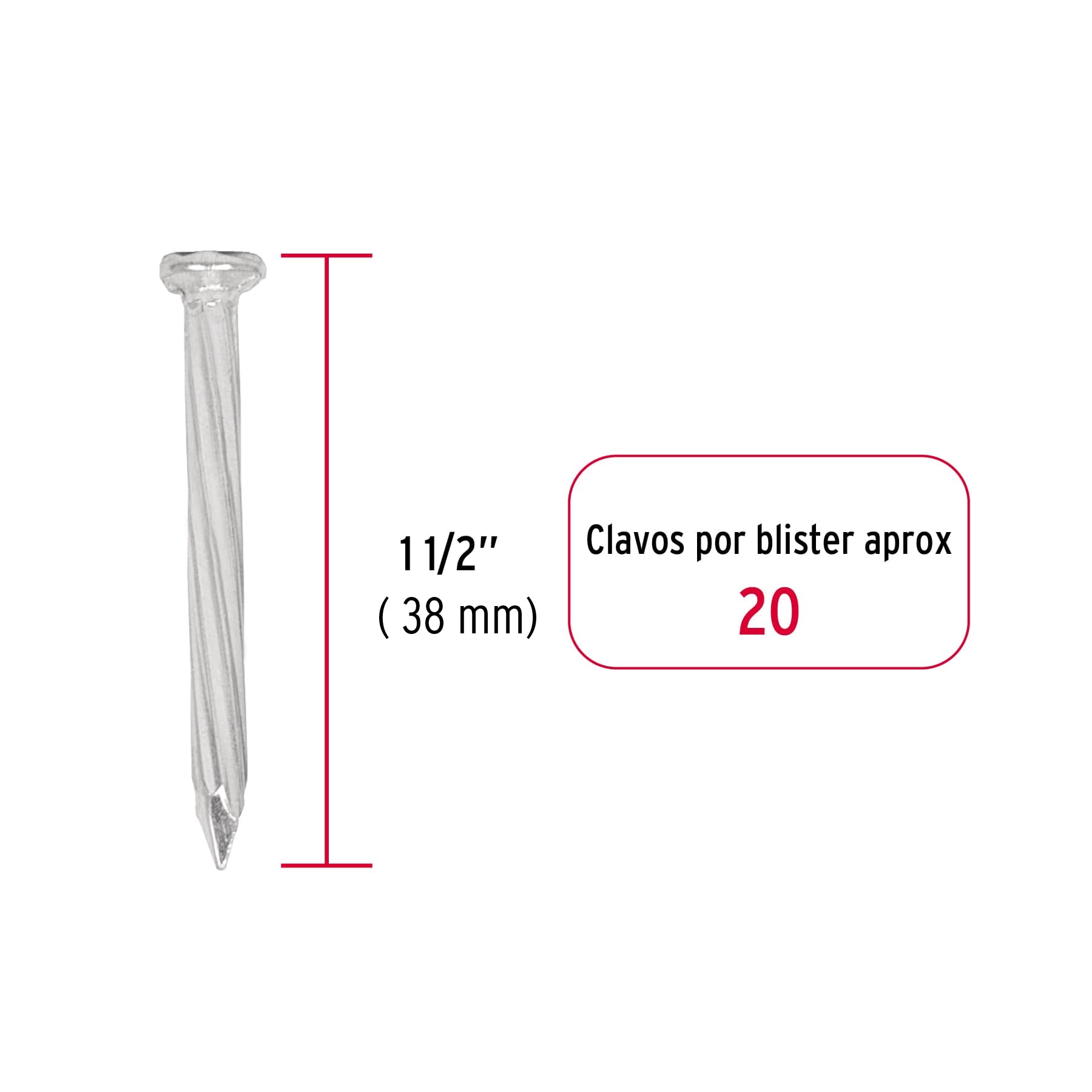 Blíster con 20 clavos galvanizados para concreto 1-1/2", Fiero